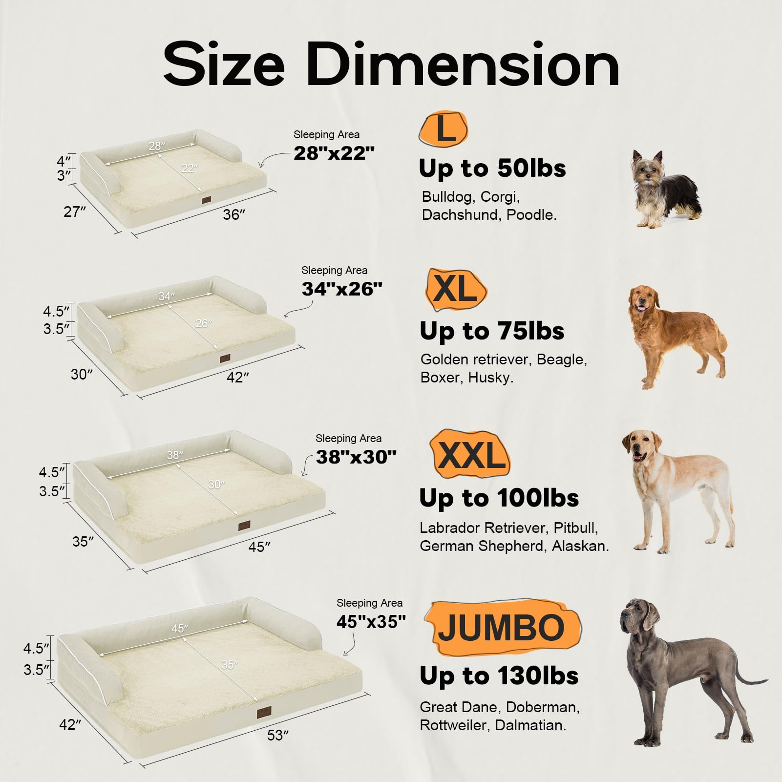Large Dog Bed Orthopedic Washable, Orthopedic Dog Beds For Large Dogs, Washable Cover Removable Bolster And Non-Slip Bottom Large Orthopedic Orange Dog Beds, Xxlarge Extra Large Dogs