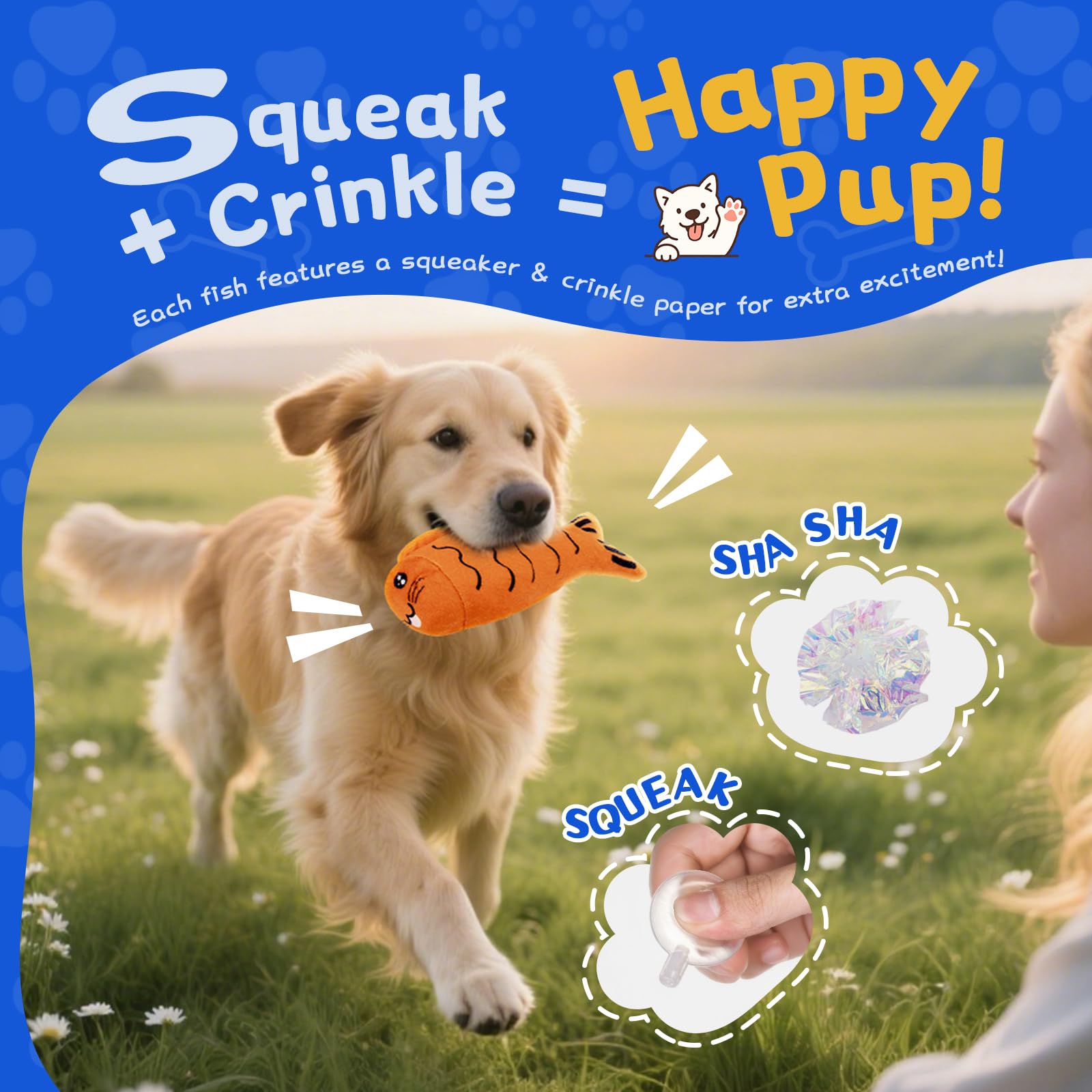 lilfrd Squeaky Dog Toys for Small Dogs & Puppy - 3 Pack Fish Crinkle Squeak Pet Toys for Interactive Play, Boredom Relief & Teet