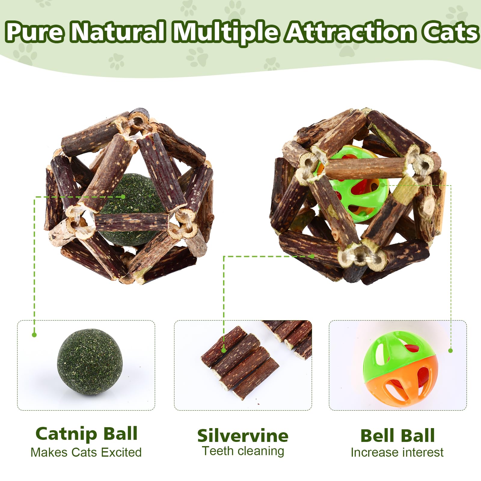 Wousedo Catnip Chew Toys For Cats, 24 Pack Cat Toys With Silvervine Sticks, Natural Silvervine Stick Cage Balls & Bell Balls For