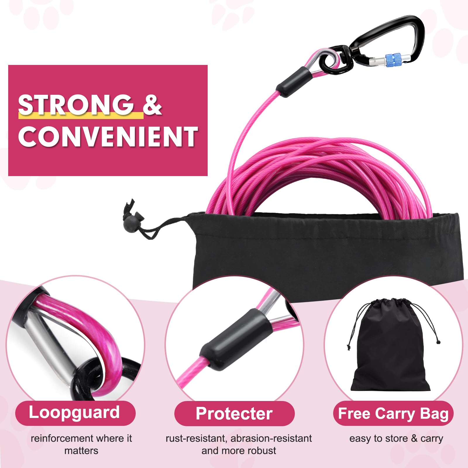 Snagle Paw Heavy Duty Long Leads For Yard 120Ft-1000Lbs Break Strength, Tie Out Cable With Swivel Lockable Hook & Spring, Chew P