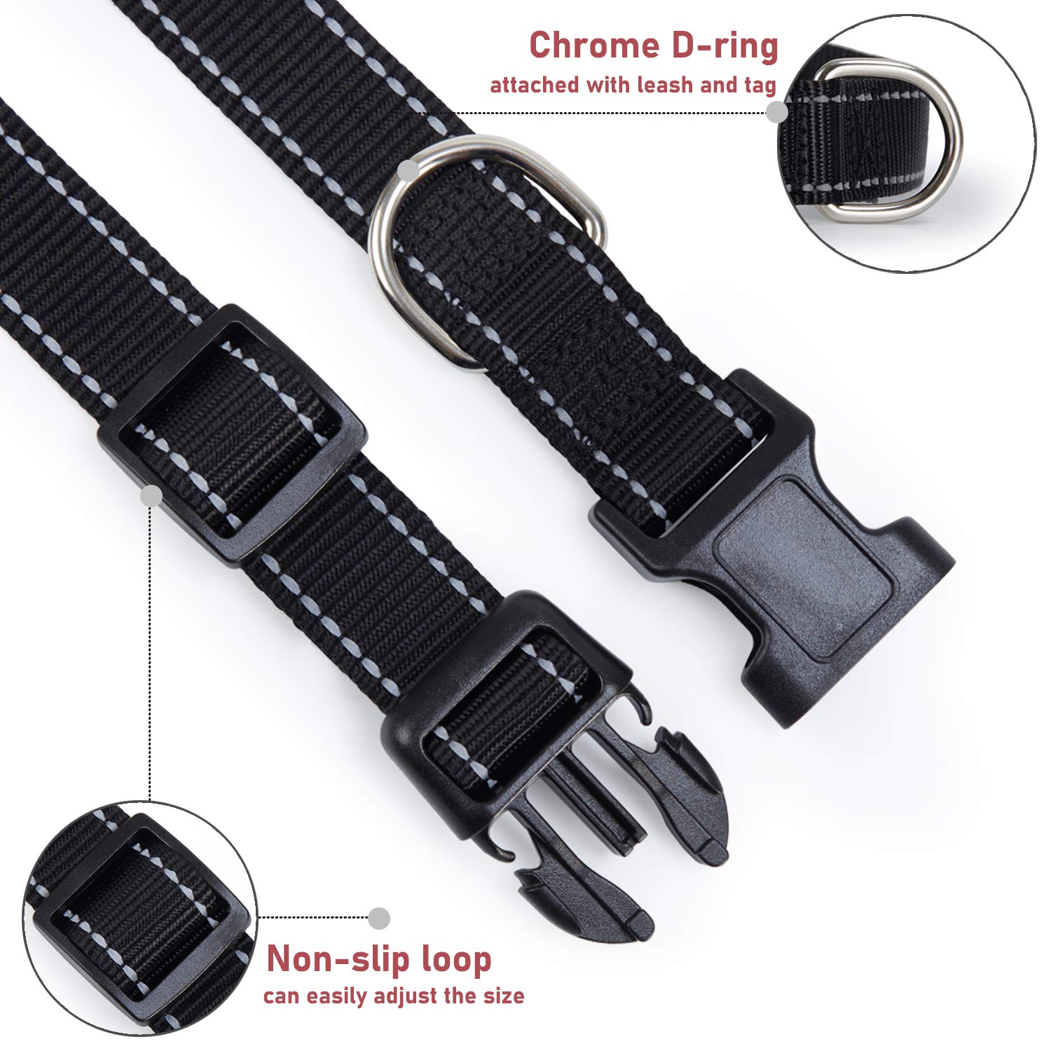 Reflective Dog Collar With Buckle Adjustable Safety Nylon Collars For Small Medium Large Dogs, Black Xs