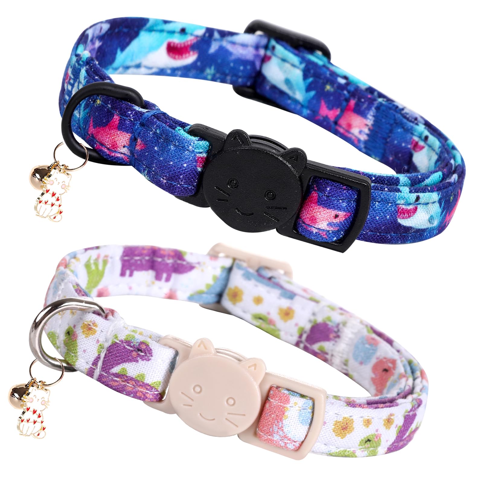 Elegant Little Tail 2 Pack Cat Collar-Dinosaur & Shark Cotton Breakaway Cat Collars With Bell Pendant Kitten Boy Cats Safety Adj