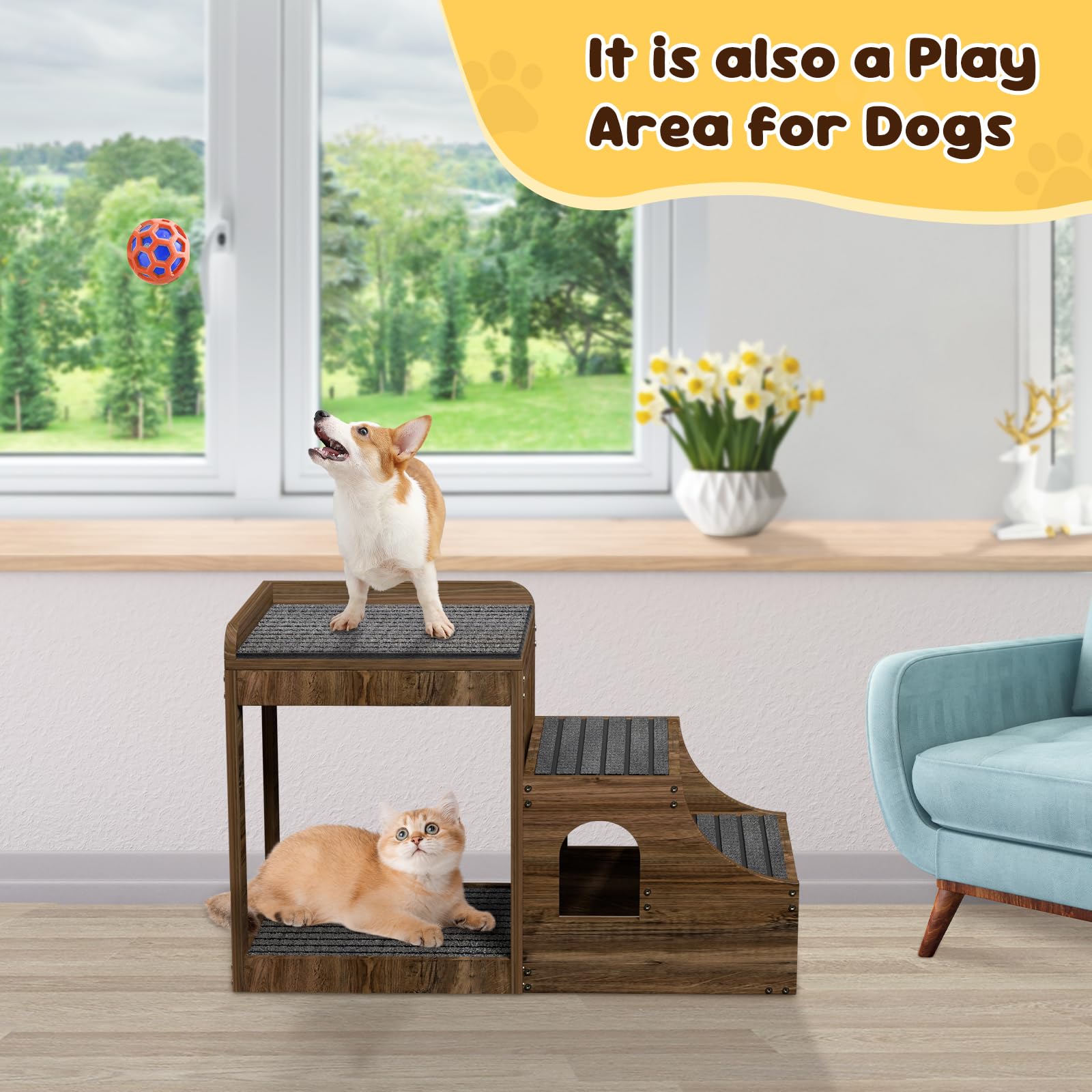 Pupihom Pet Window Perch With Stairs, Multi-Level Bunk Bed For Dogs And Cats, Elevated Pet Bed Couch, Wood Dog Stairs With Non-S