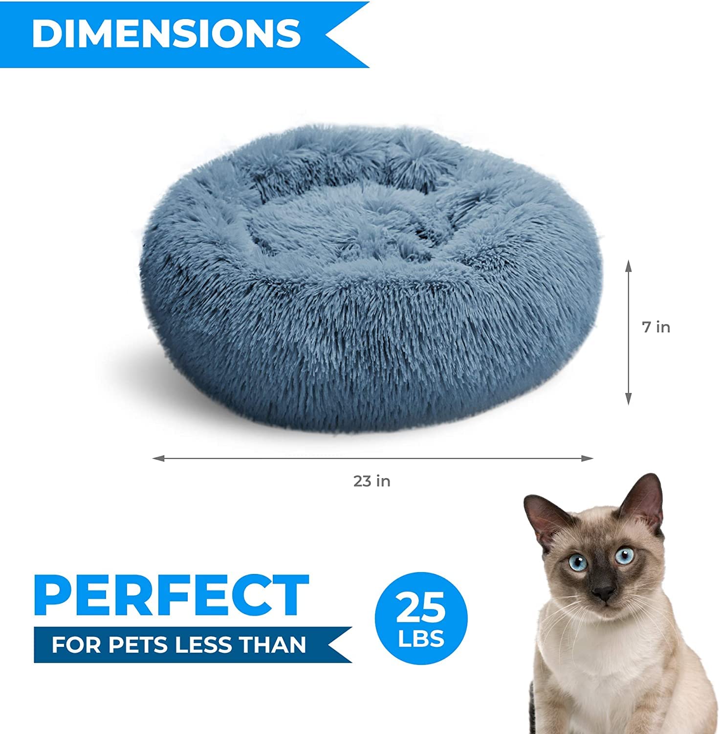Whiskers & Friends Cat Bed - Plush, Navy-Grey, 23"x23"x7" - Washable Anti-Anxiety Bed for Small Cats & Dogs