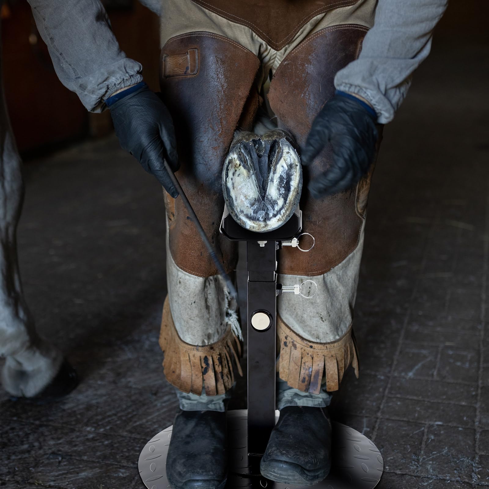 Zonon Adjustable Farrier Stand for Horses, Metal Round Base, Black, Model JAX-240702-A, Hoof Trimming Tool