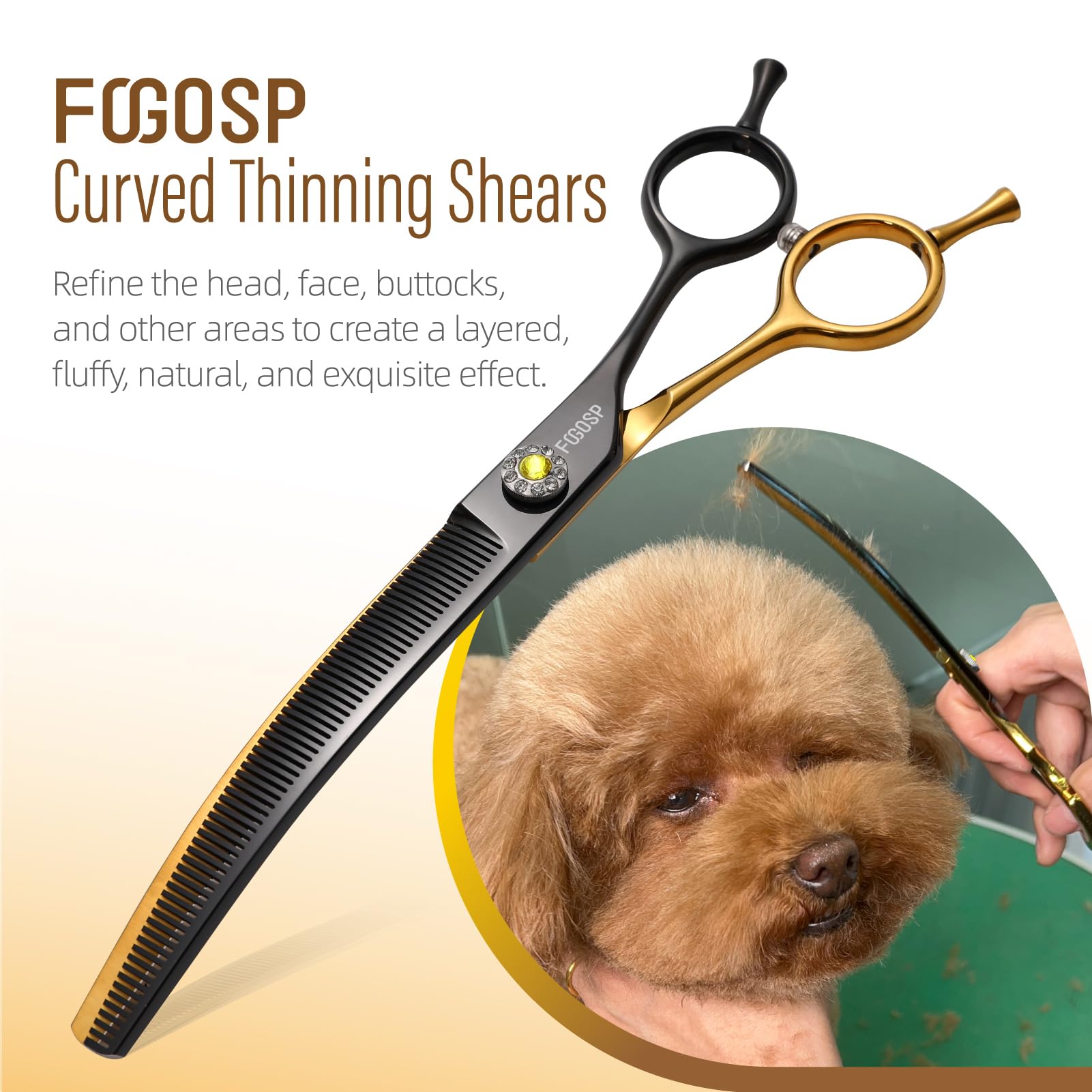 FOGOSP 45° Curved Dog Grooming Scissors, Stainless Steel, 7.5 in, Black & Gold, Thinning Shears Combo - Model FOBC+QFMD-B