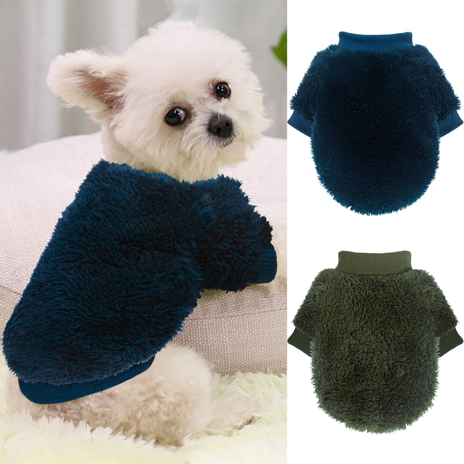 2-Piece Dog Sweater Set For Puppies & Small Dogs - Warm Fleece Chihuahua Sweater For Boys & Girls, Blue & Dark Green, Medium
