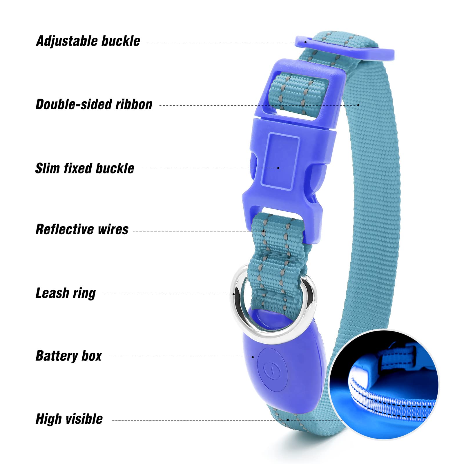 Visinite Light Up Dog Collars For Small Dogs,Led Dog Collar Light Rechargeable,Fully Adjustable Lighted Dog Collar,Glow In The Dark Dog Collars With Dog Lights For Night Walking,Blue