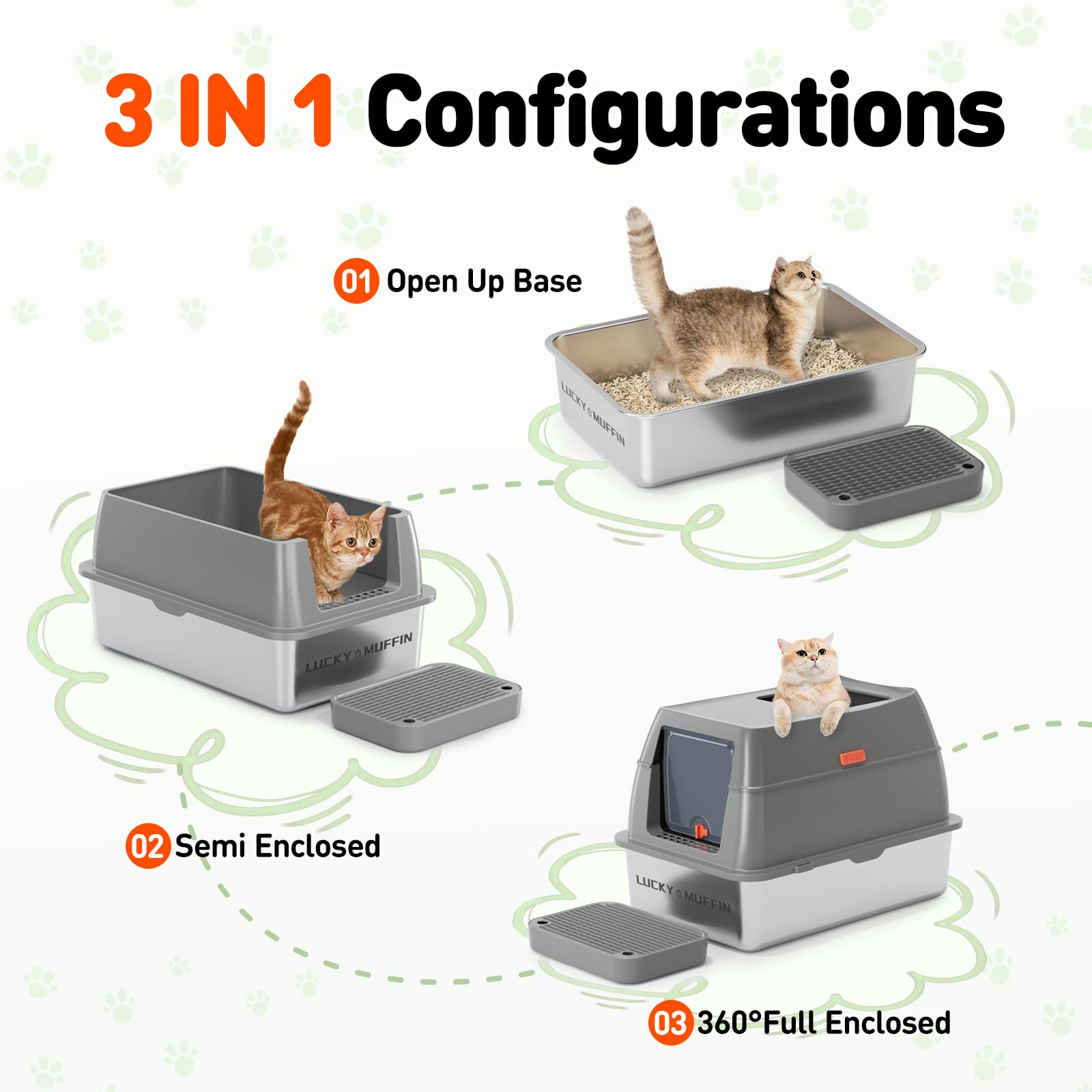 LUCKY MUFFIN 3 in 1 Stainless Steel Cat Litter Box, XL, Dark Grey, Enclosed with Removable Lid, Odor Control & Easy Clean