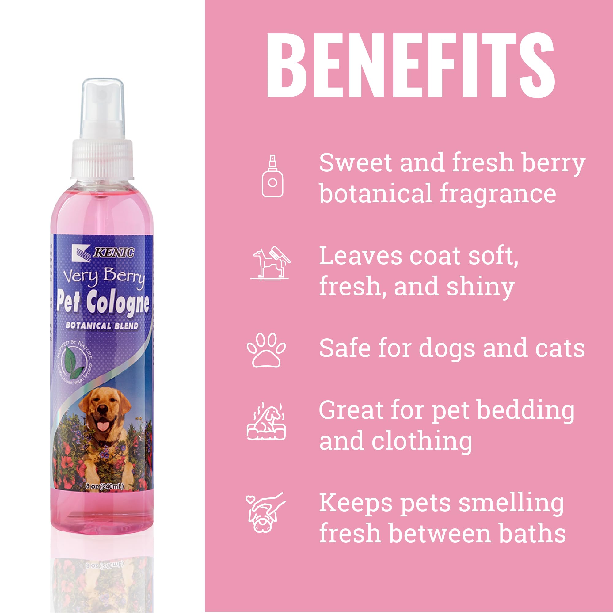 Kenic Very Berry Pet Cologne, Long Lasting Mixed Berry Scented Dog & Cat Deodorizing Spray, Freshens, Neutralizes and Shines Coa