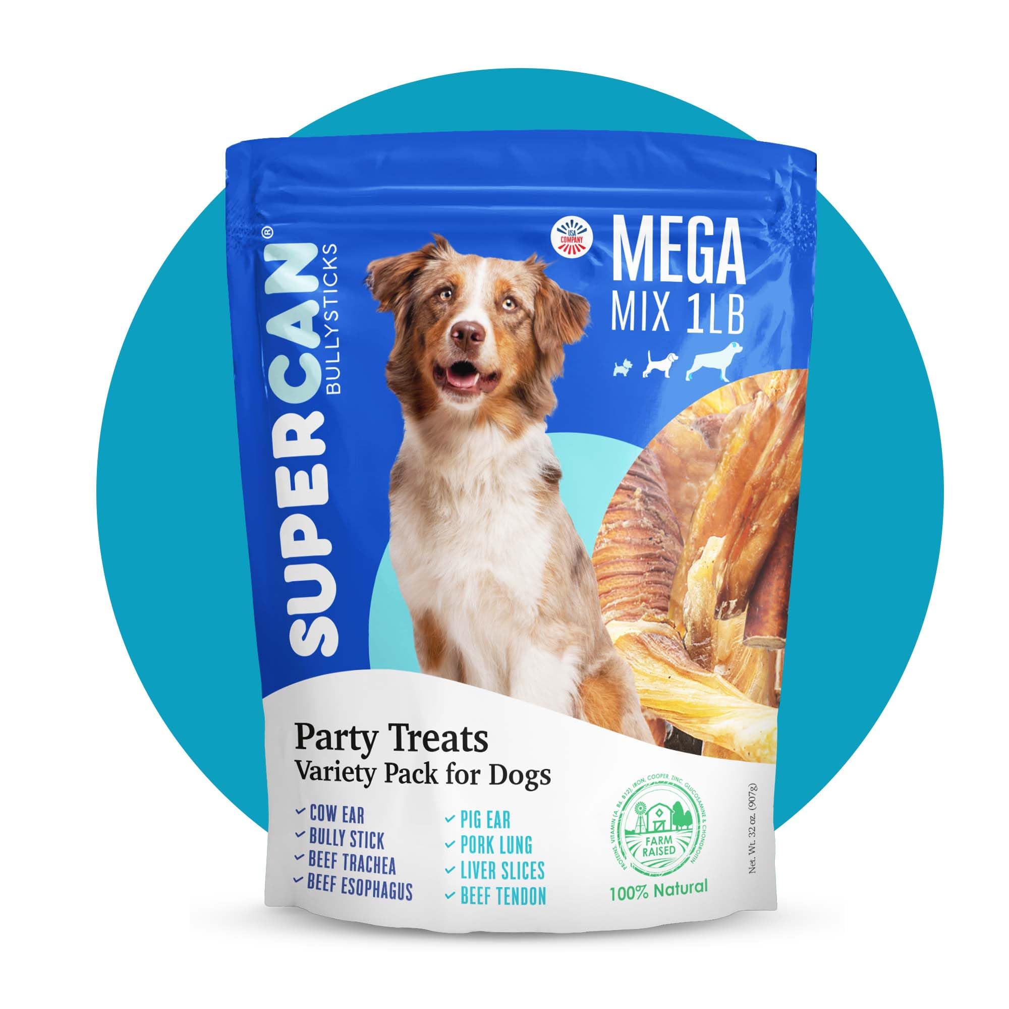SUPERCAN BULLYSTICKS 1lb - Mega Mix Natural Dog Chews: Pig Ears, Cow Ears, Beef Lung, Liver, Trachea - Healthy Treats Small Medi
