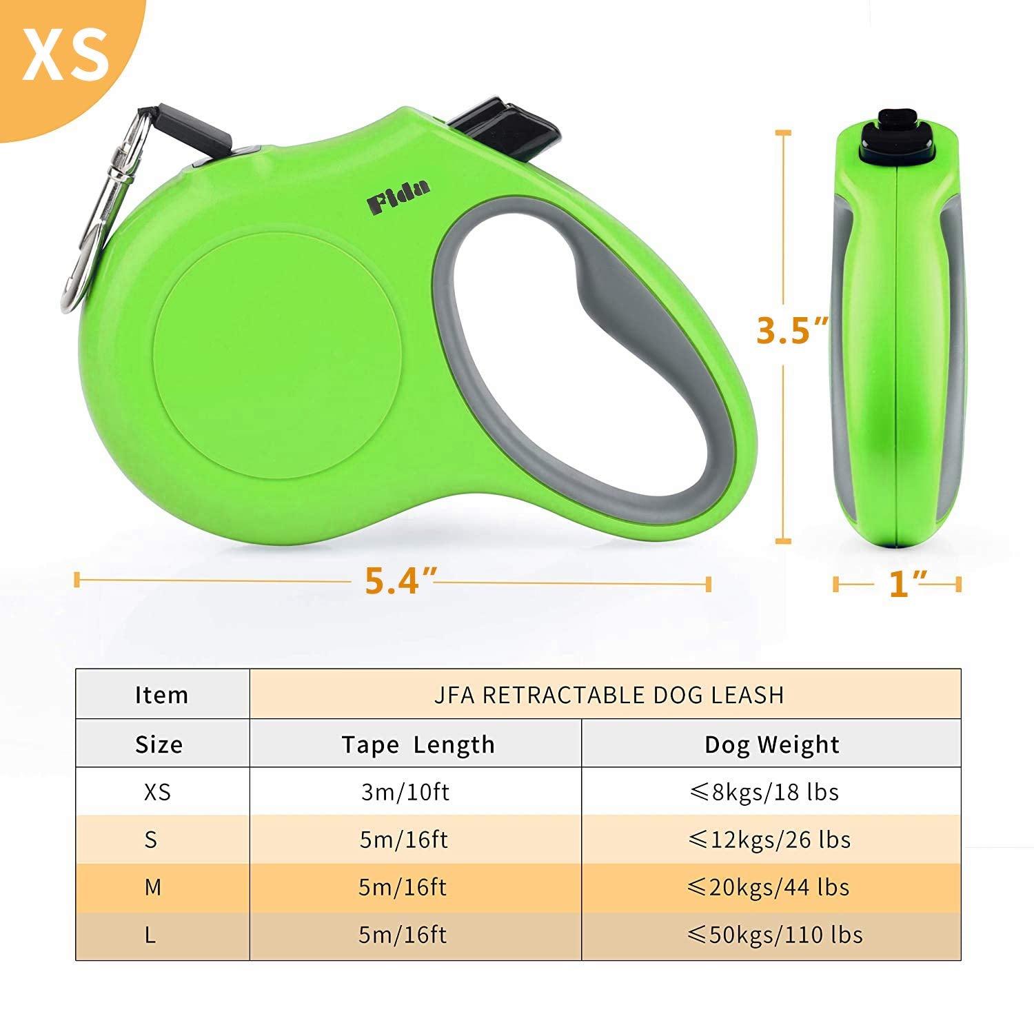 Fida Retractable Dog Leash, 10Ft Heavy Duty Pet Walking Leash For X-Small Dog Or Cat Up To 18 Lbs, Tangle Free. One-Hand Brake (X-Small, Green)