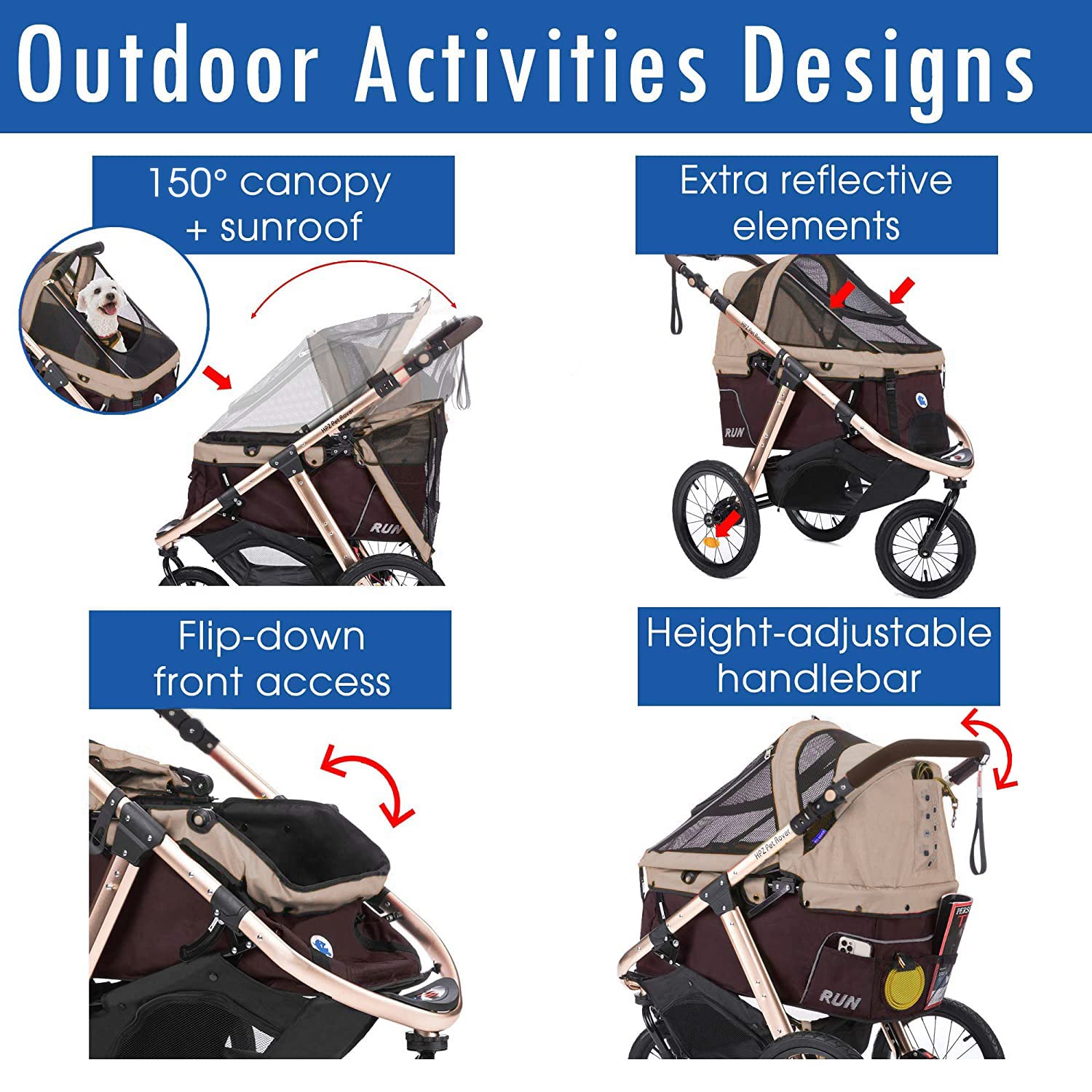Hpz Pet Rover Run Performance Jogging Sports Stroller With Comfort Rubber Wheels/Zipper-Less Entry/1-Hand Quick Fold/Aluminum Fr
