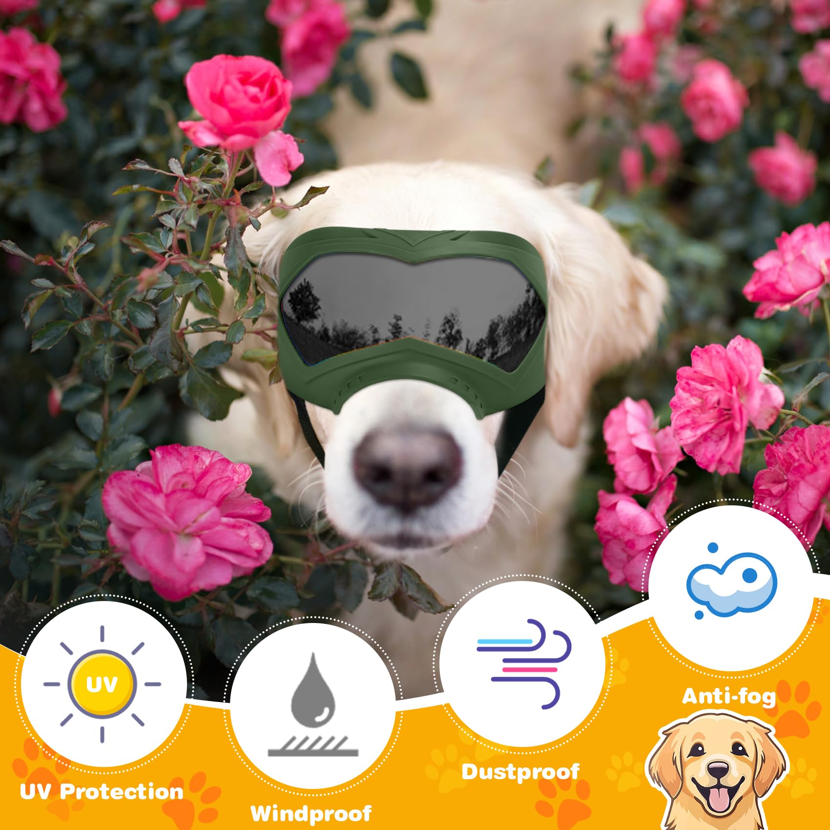 Dog Goggles, Uv Protection, Windproof, Dustproof, Anti-Fog Dog Sunglasses For Large & Medium Dogs, Lightweight Tpe Frame With Ad