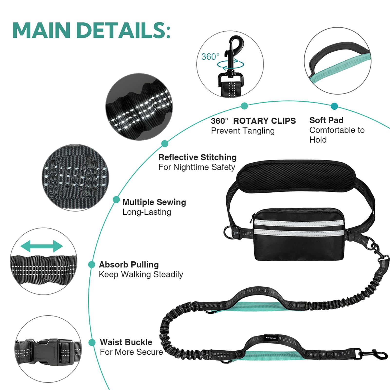 Yicostar Retractable Bungee Dog Leash with Padded Handles - Mint Green, Nylon, for Medium & Large Dogs