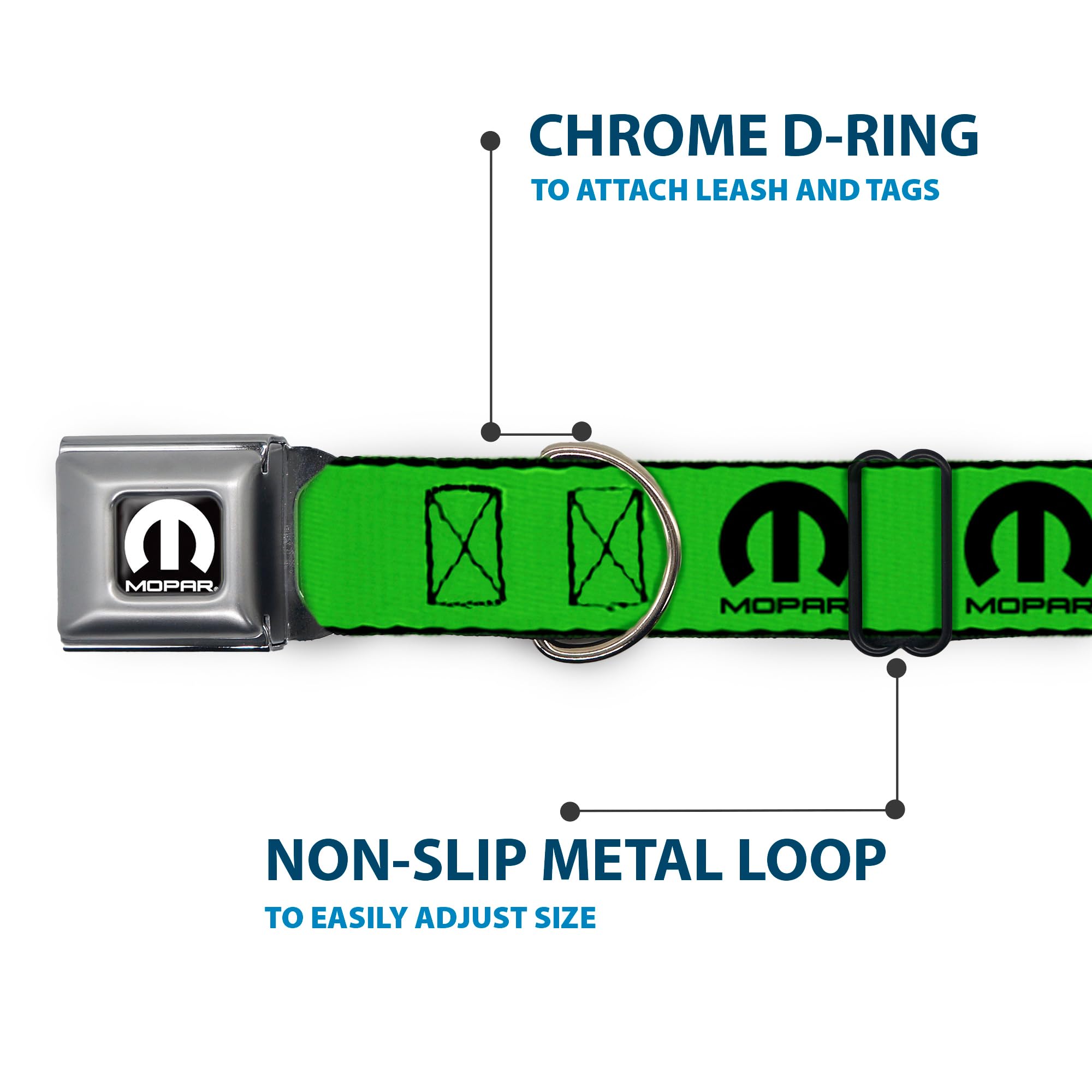 Buckle-Down Dog Collar Seatbelt Buckle Mopar Logo Repeat Green Black 15 To 26 Inches 1.0 Inch Wide, Multicolor, Dc-Wmp016-L