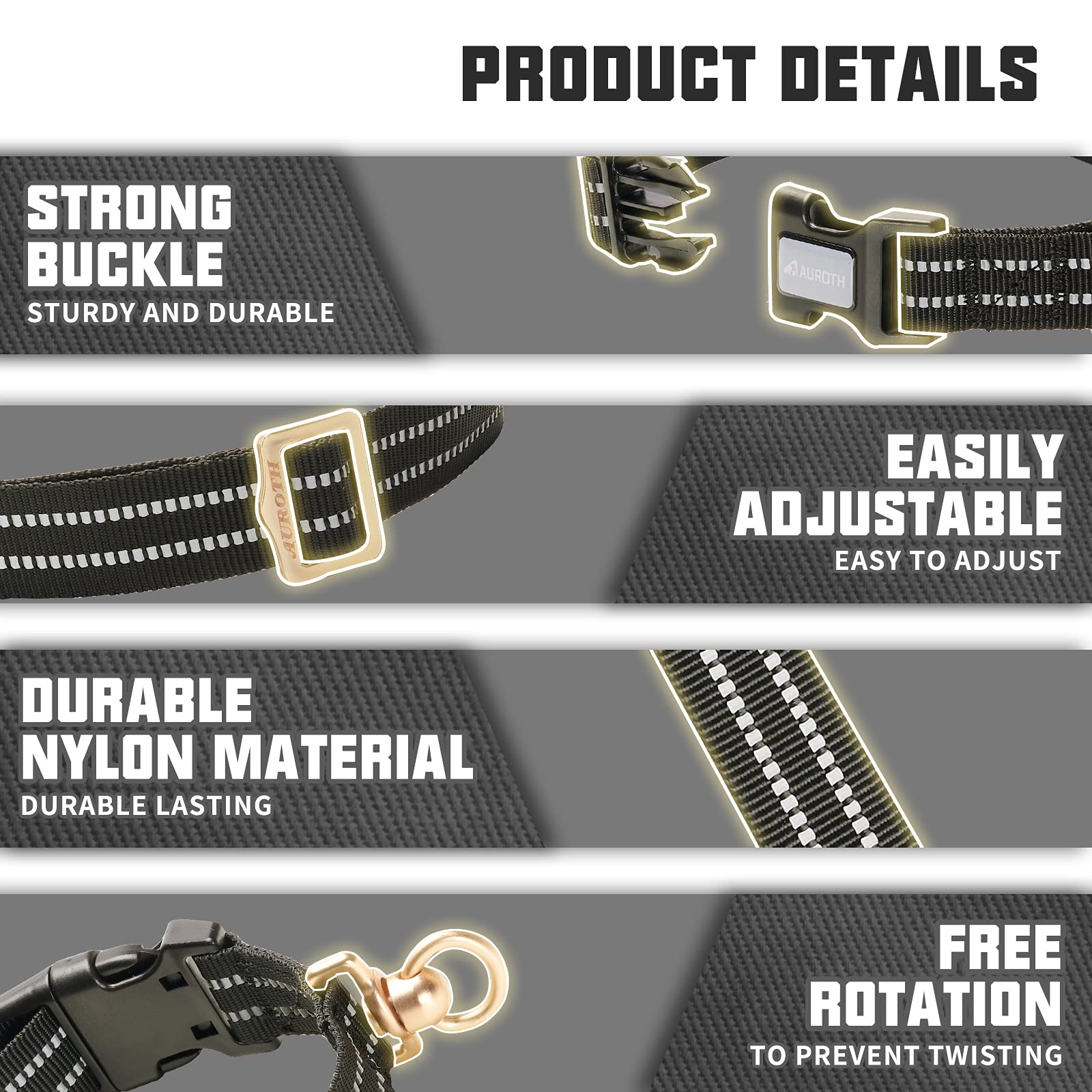 Auroth Dog Collar For Medium Large Dogs, Reflective Dog Collar, Soft Nylon Adjustable Dog Collars With Heavy Duty Metal D Ring Tangle Free (Medium:12'-19.6', Black)