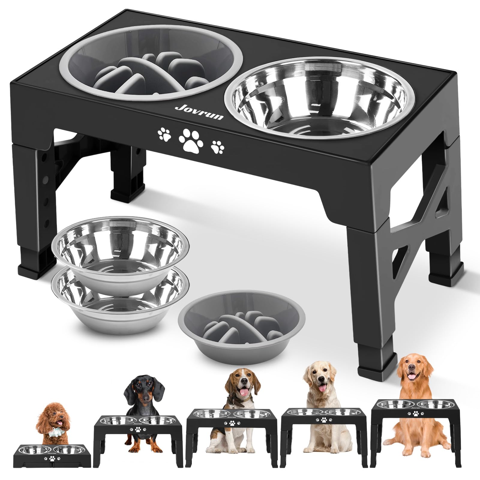 Jovrun Elevated Dog Bowls, Dog Feeder with 2 Stainless Steel Bowls &1 Slow Feeder Dog Bowls, 5 Heights Adjustable Raised Dog Bow
