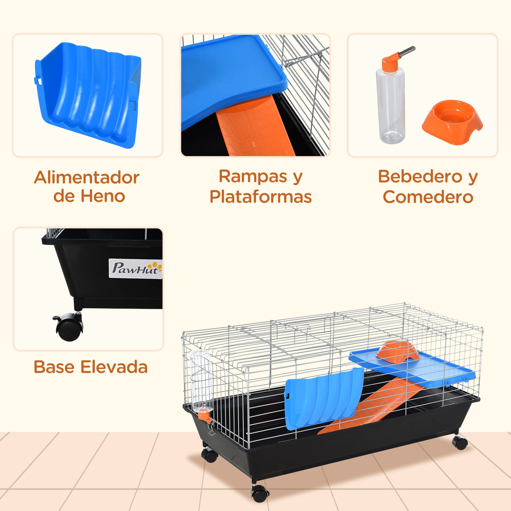 PawHut 35 L Small Animal Cage, Rolling Bunny Cage, Guinea Pig Cage with Food Dish, Water Bottle, Hay Feeder, Platform, Ramp for