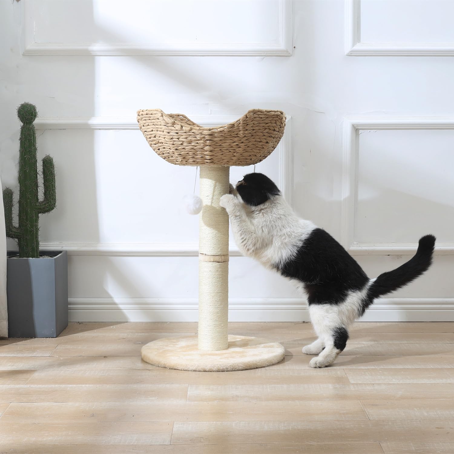SHENGOCASE Cat Tree Tower with 17.7" Rattan Basket, Metal Frame, Window Perch for Large Cats up to 25LBS