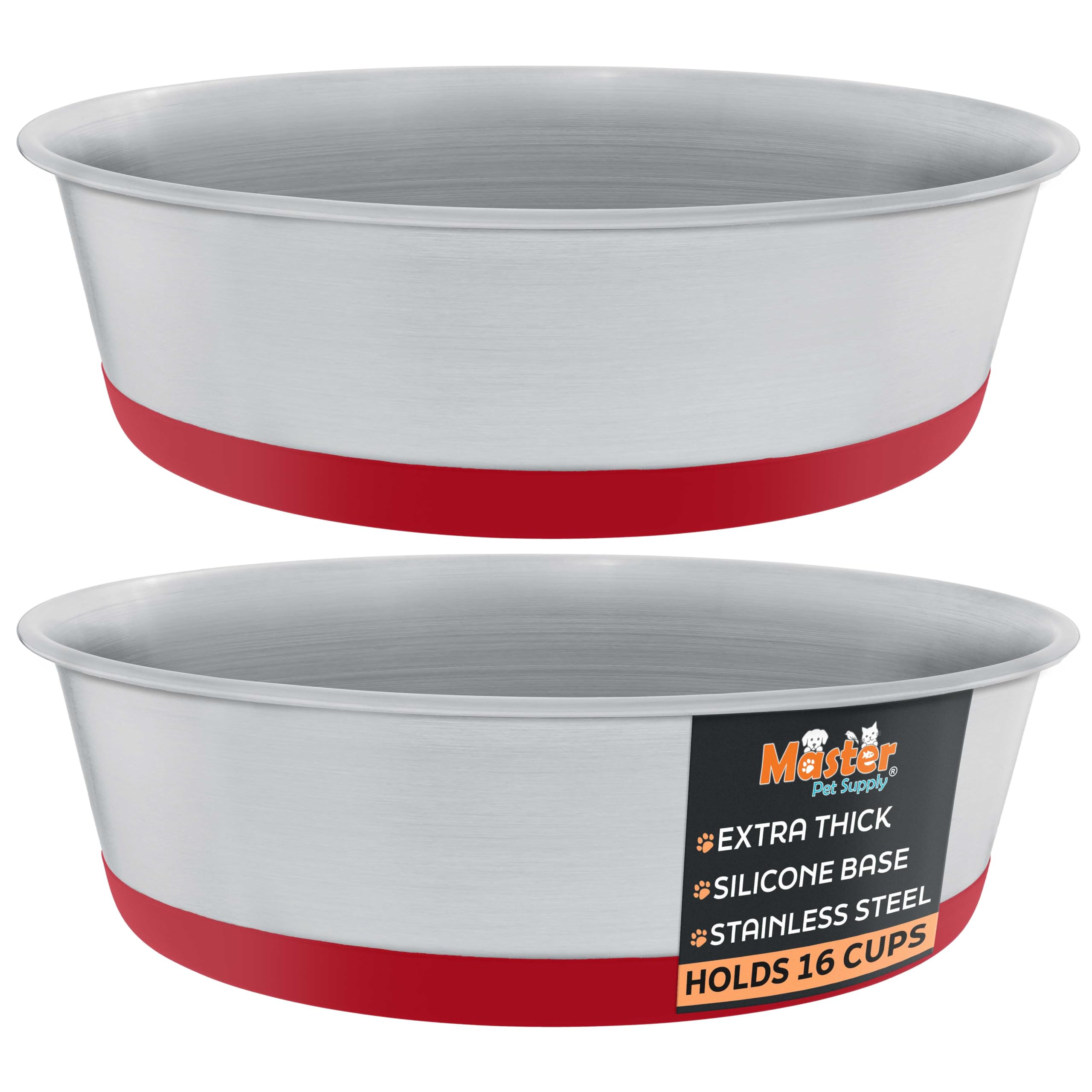 Master Pet Supply Stainless Steel Dog Bowls Set of 2 with Extra Thick Silicone Base - 16 Cup (128 oz) Crimson Red, Non-Slip, Dis