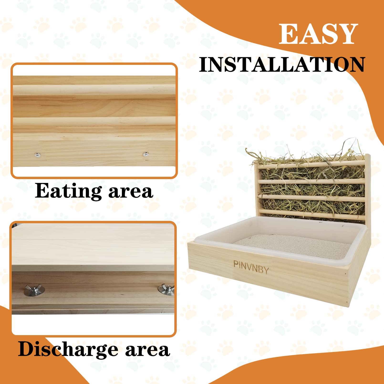 PINVNBY Bunny Hay Rack with Plastic Litter Box, Rabbit Grass Manger Holder, Guinea Pig Wooden Feeder and Toilet Set, Practical R
