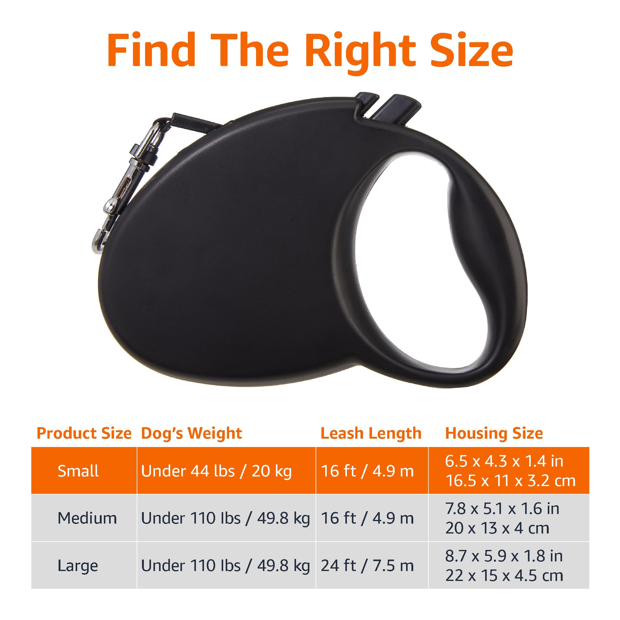 Amazon Basics Retractable Pet Leash, For Dogs Under 44 Lbs, Locking Mechanism, Small - 16Ft, Black