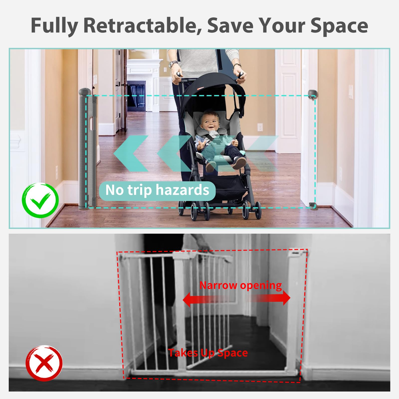 Hardware Mount Retractable Baby Gates for Stairs with Auto-Lock,33'' Tall,Extends up to 71'' Wide Mesh Double Lock Safety Baby D