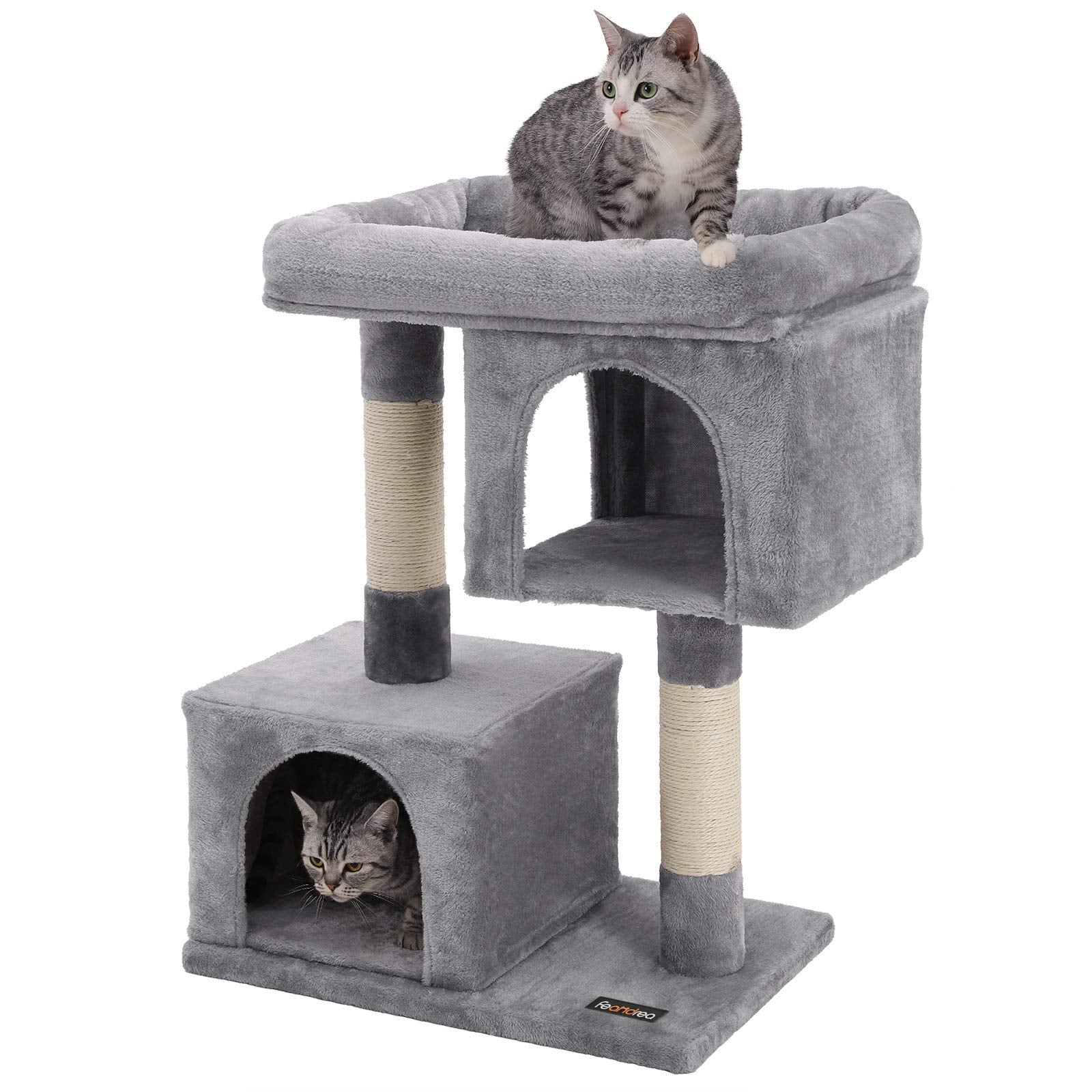 Feandrea Cat Tree, 33.1-Inch Cat Tower, Large for Cats up to 16 lb, Light Gray, 2 Cat Caves, Scratching Post, Model UPCT61