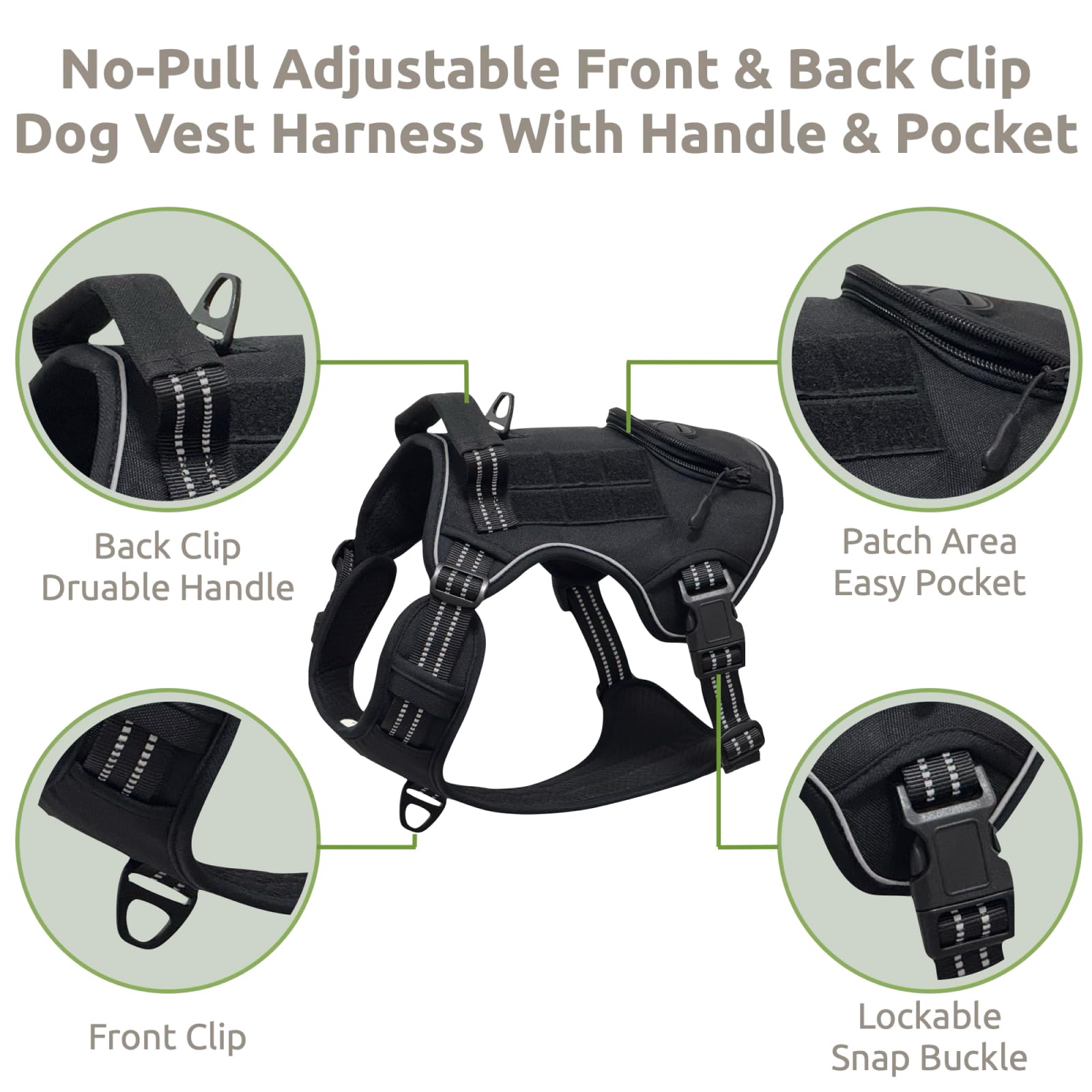 Mokapaw Tactical Dog Harness For Extra Large Dogs, No Pull Harness With 2 Clips, Adjustable & Reflective Heavy Duty Large Dog Ha