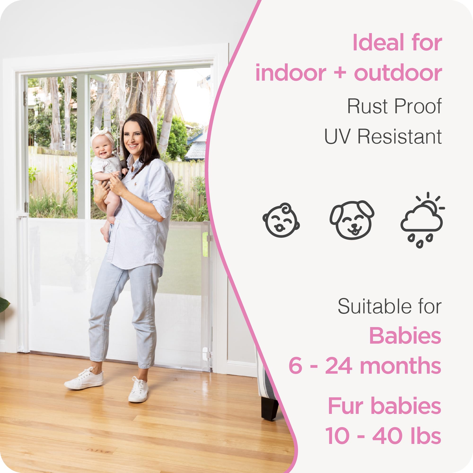 Retractable Baby Gate Perma Child Safety 41' Tall X 71” Wide, Mesh, For Stairs, Doorways, Dogs, Pets, Indoor, Outdoor, One-Handed Operation, Locking, Easy Install, Hardware Mount, White