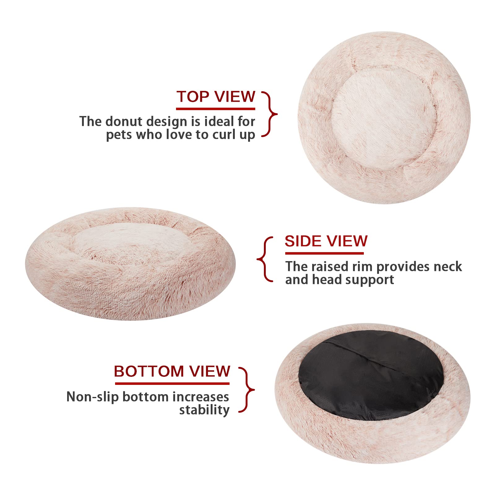 Bedfolks Calming Donut Dog Bed Cat Bed, 23 Inches Round Fluffy Dog Beds For Small Dogs, Machine Washable Anti-Anxiety Plush Pupp