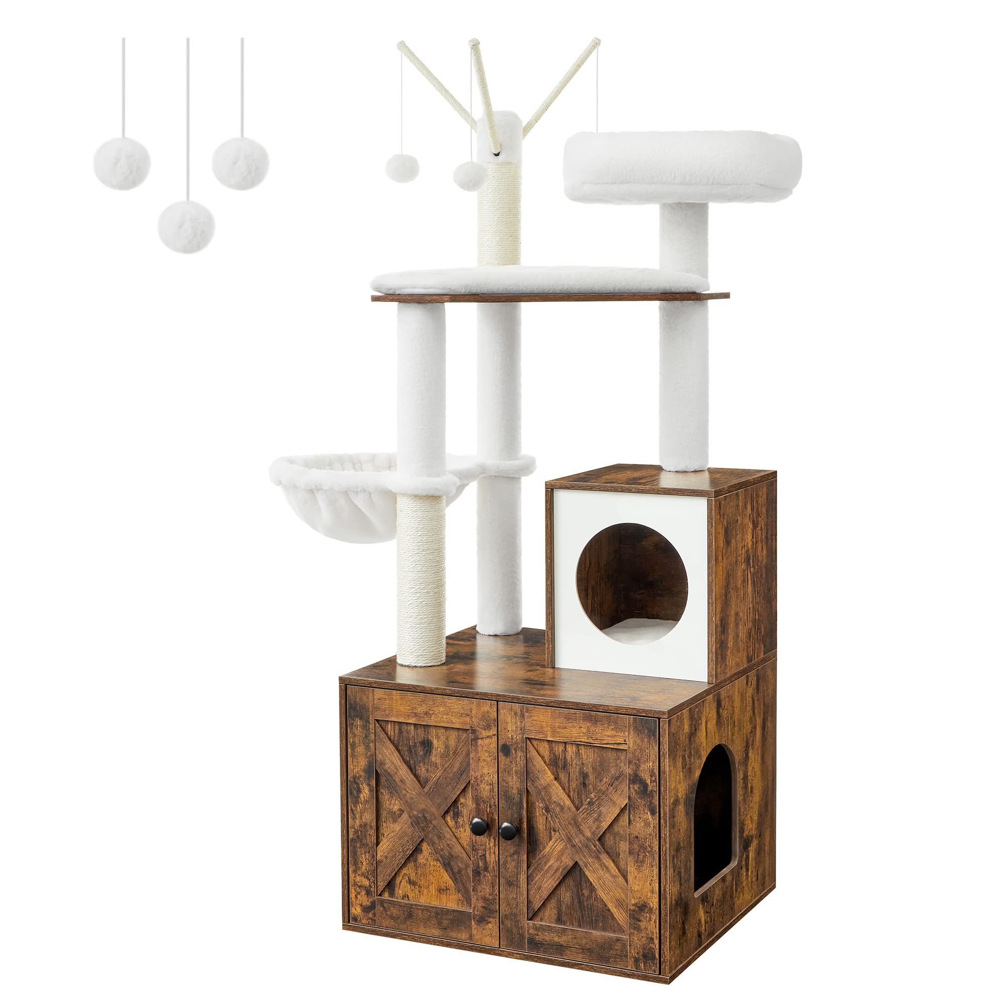 FEANDREA Cat Tree with Litter Box Enclosure, 22.6"x19.7"x55.1", Rustic Brown, 2-in-1 Design, Plush Material, Scratching Posts