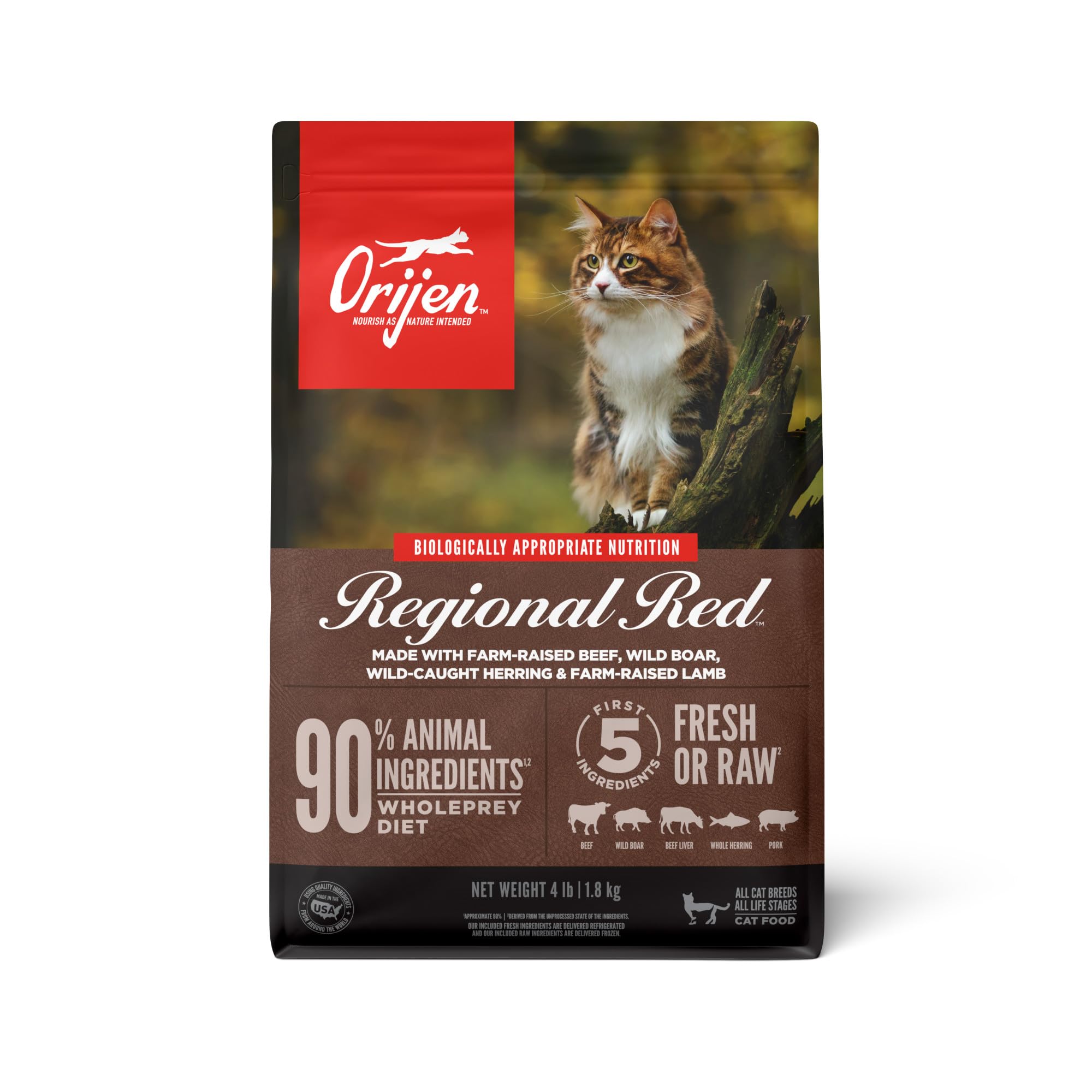 ORIJEN Regional RED Dry Cat Food, Grain Free Cat Food for All Life Stages, with WholePrey Ingredients, 4lb