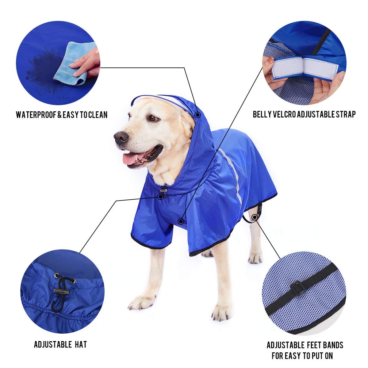 Dog Raincoat For Large Dogs Dog Rain Jacket With Adjustable Belly Strap And Leash Hole - Hoodie With Reflective Strip - Waterpro