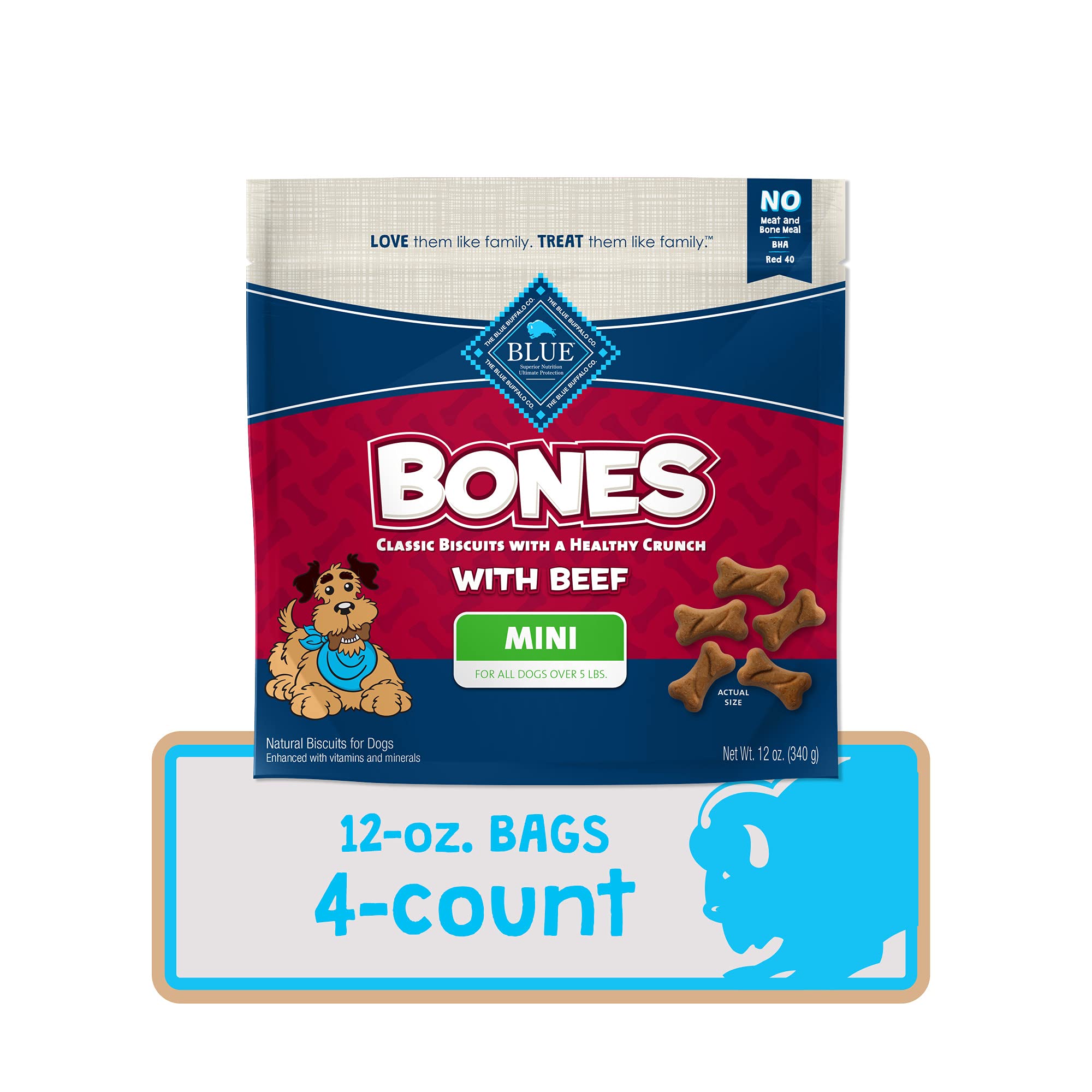 Blue Buffalo Bones Natural Crunchy Dog Treats Mini Dog Biscuits Beef, 12oz. Bag, 4 Count