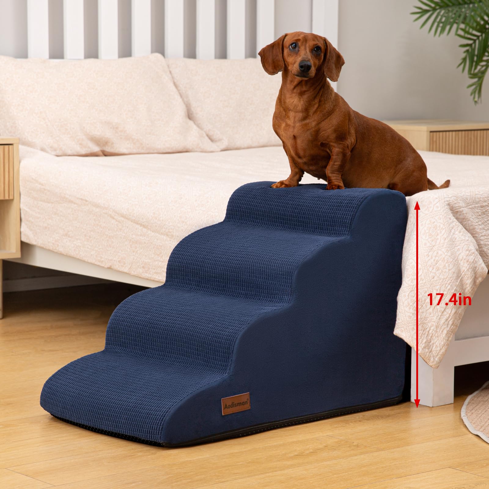 Aodisman 4-Step Dog Stairs and Ramp for Beds or Couches,Non-Slip Sturdy Pet Steps for Small Dogs and Cats,17.4 H,Blue