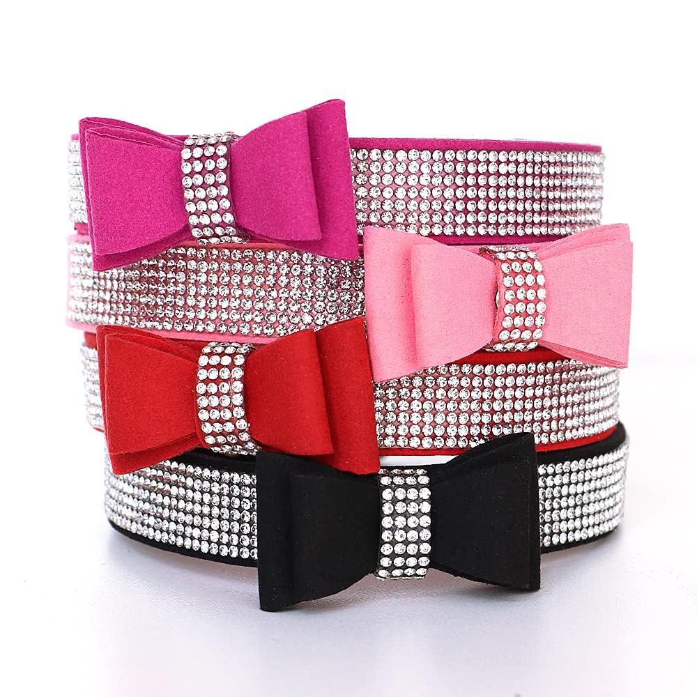 Beirui Rhinestone Bling Leather Dog & Cat Collar - Flocking Sparkly Crystal Diamonds Studded - Cute Double Bowknot For Pet Show & Daily Walking,Pink,Xs Neck Fit 8-10'