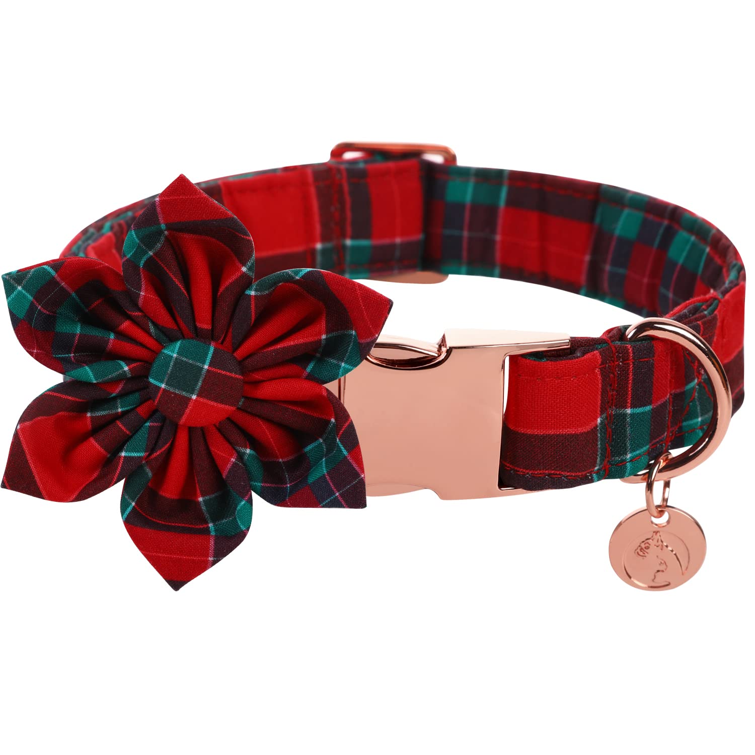 Dogwong Christmas Dog Collar With Flower, Red Plaid Dog Collar Soft Durable Adjustable Cotton Red Green Tartan Puppy Collar For 