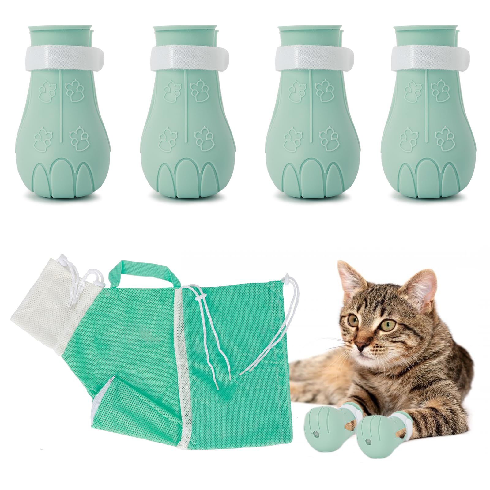 Hetenoyo 4 Pcs Anti-Scratch Silicone Cat Shoes And Cat Grooming Mesh Bag, Cat Claw Covers, Adjustable Multifunctional Anti-Bite 