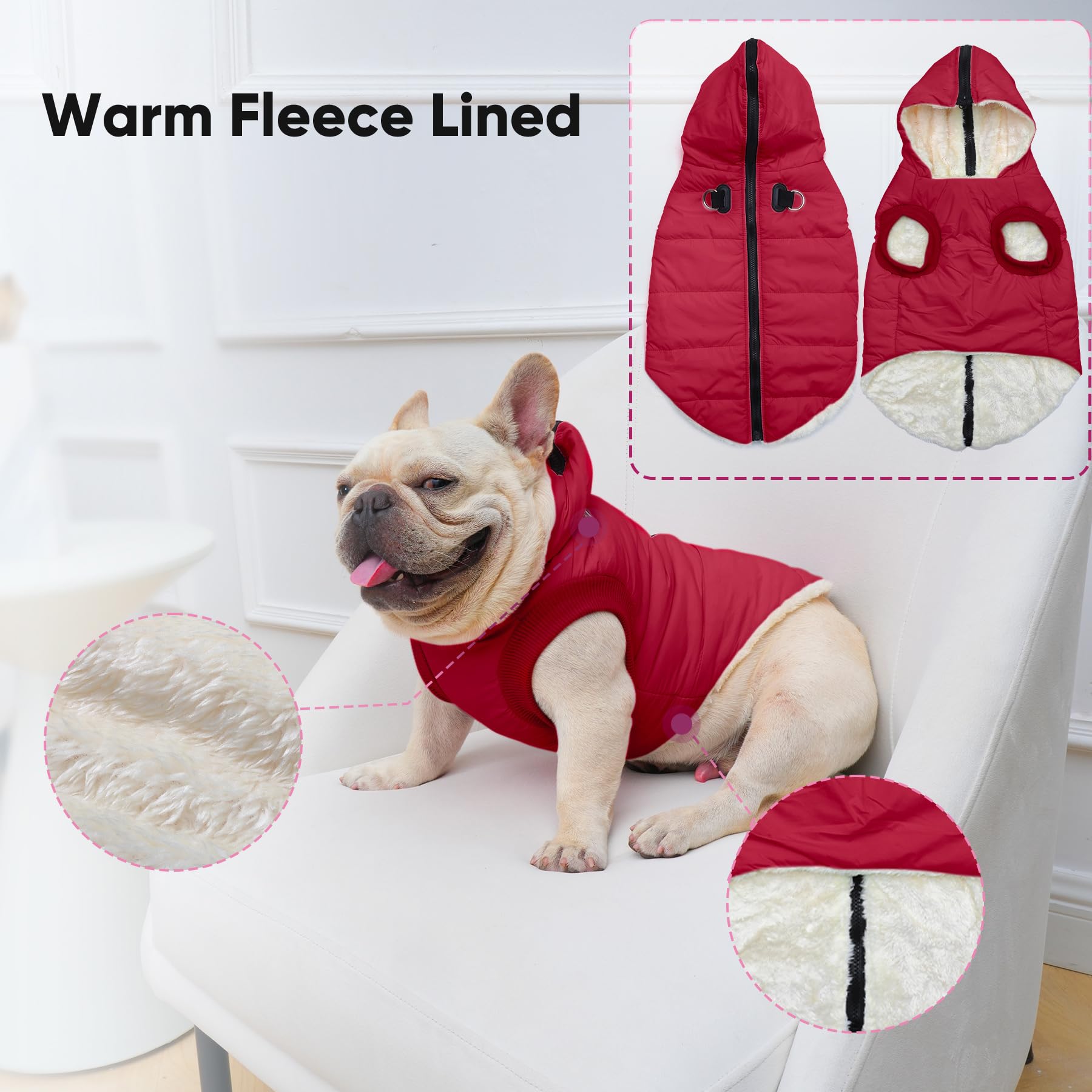 Vecomfy Fleece Lining Dog Hoodie With Harness Built In,Extra Warm Large Dog Jacket In Winter Doggie Coats With Hooded,Red Xxl