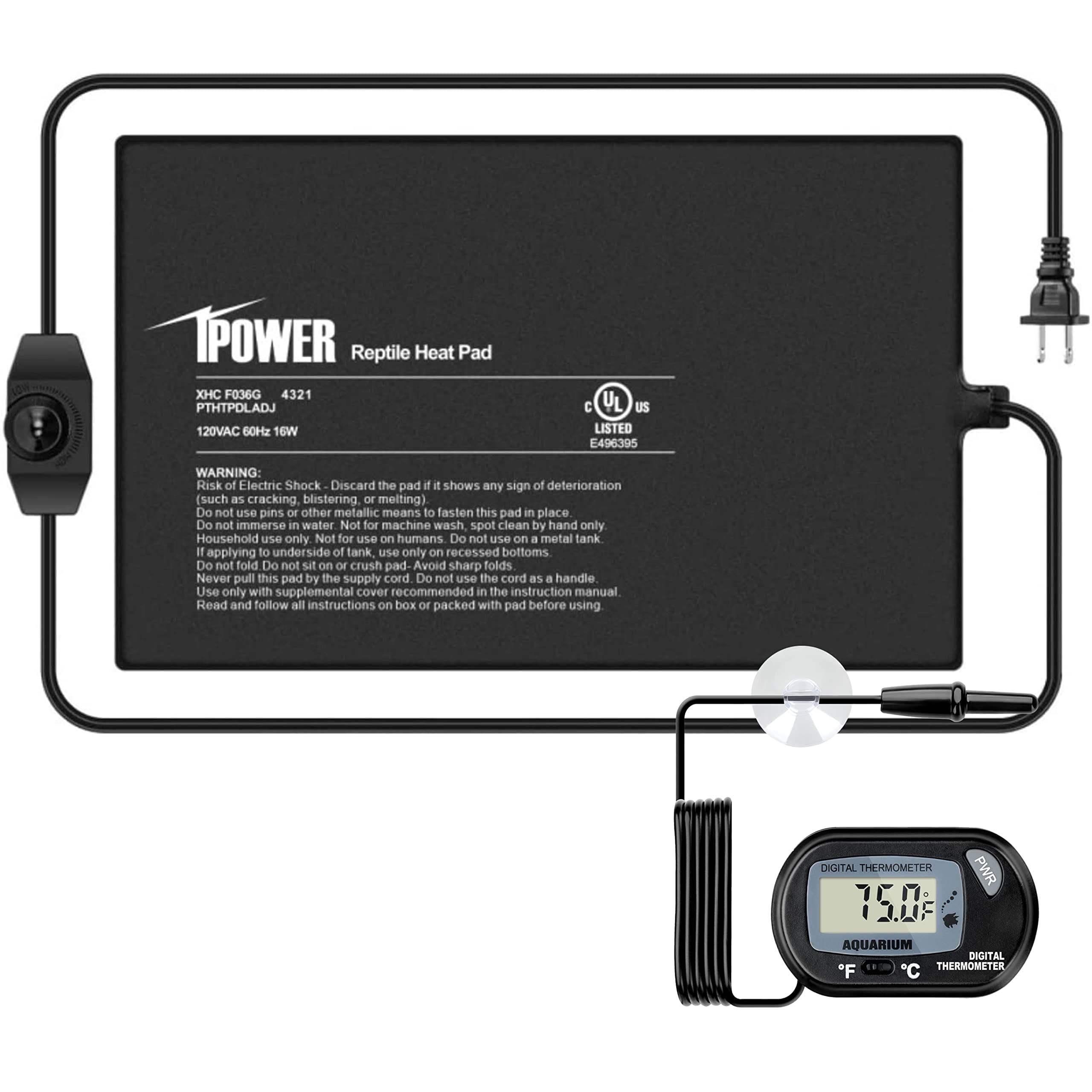 Ipower 8 By 12-Inch Reptile Heat Mat With Temperature Adjustment, Lcd Digital Aquarium Thermometer, Terrarium Heating Pad For Re