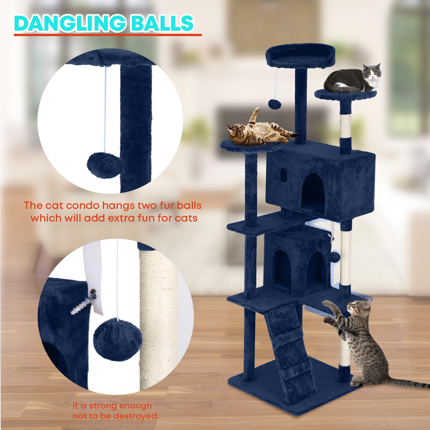 Fdw Cat Tree 70In Cat Tower Multi-Level Durable Cat Scratching Post & Cozy Fun Cat Jumping Platform Space Saving Cat Condo Pet Play House For Indoor Cats,Navy Blue