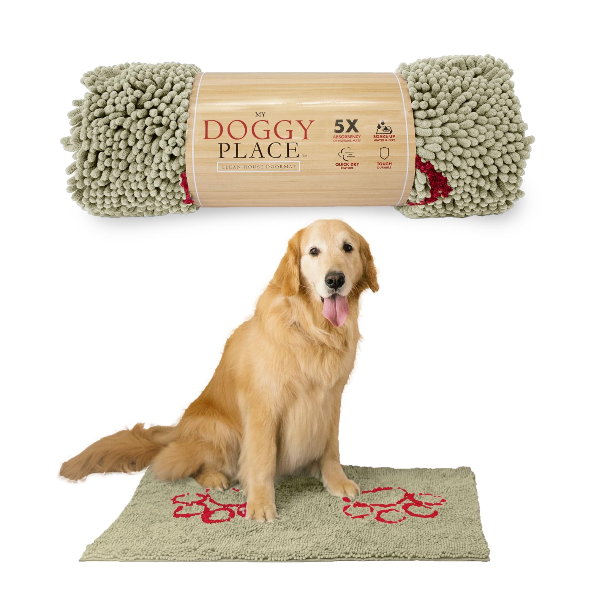 My Doggy Place Microfiber Dog Mat for Muddy Paws, 36 x 26 Oatmeal with Paw Print - Absorbent and Quick-Drying Dog Paw Cleaning M