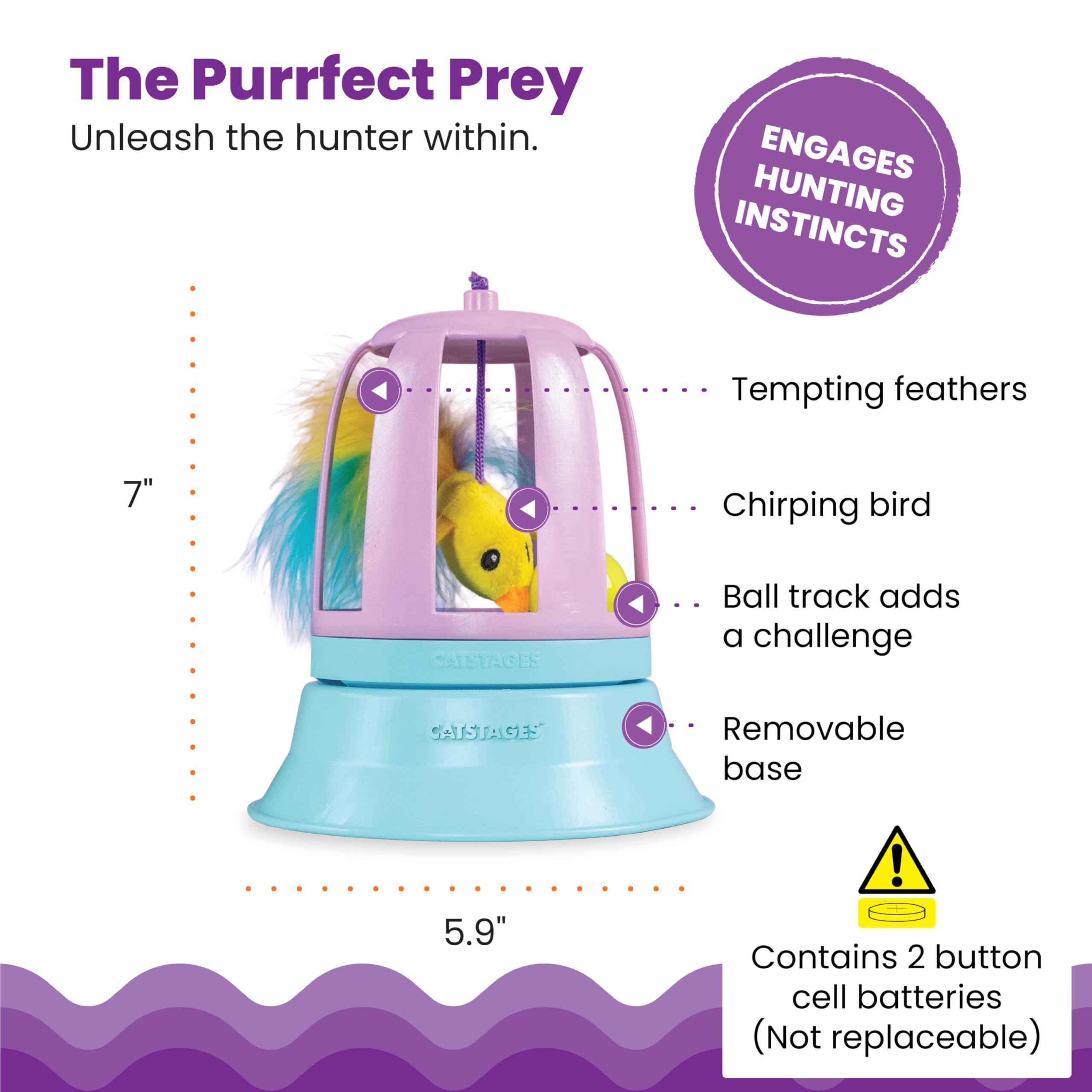 Catstages 2-in-1 Chirping Bird Toy and Cat Track Topper with Inner Ball Track, Purple