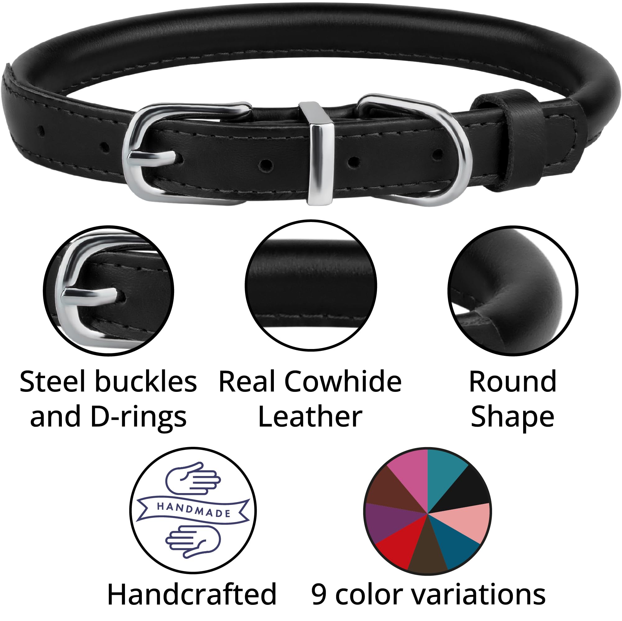 Bronzedog Rolled Leather Dog Collar For Small Medium Large Dogs With Qr Id Tag (L: 16-18 Inch, Glossy Black)