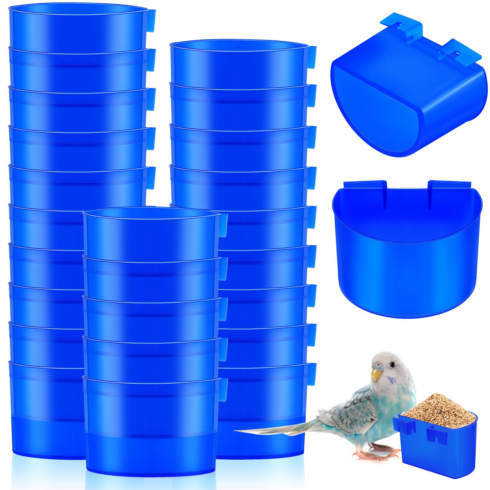 Suclain 30 Pcs Blue Cage Feeders Birds Cage Cups Plastic Hanging Feeding Cups Seed Bowl Chicken Feeding Watering Dish With Hooks