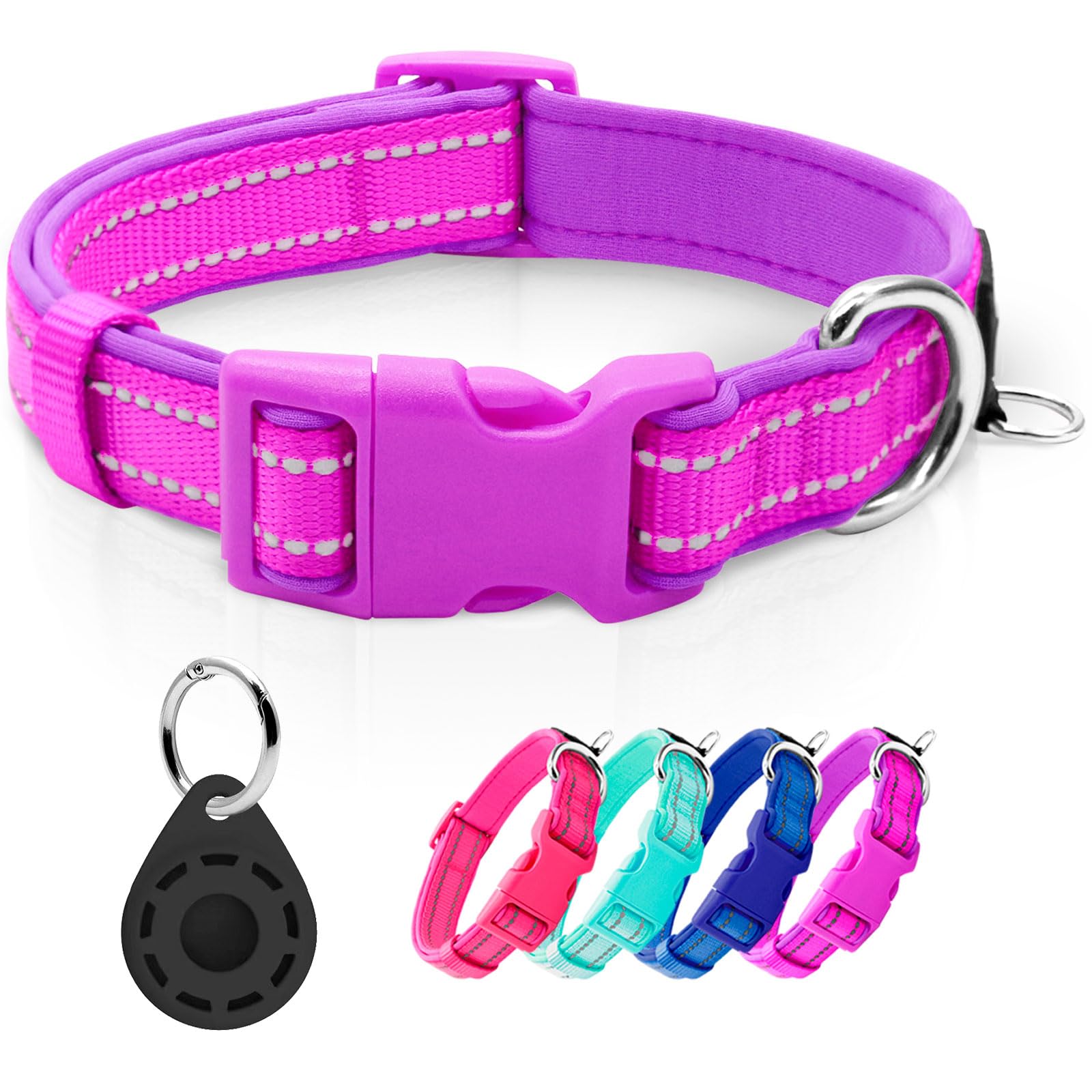 Azuza Reflective Dog Collar With Airtag Holder, Soft Neoprene Padded Pet Collar With Id Tag Ring, Adjustable For Medium Dogs,Pur