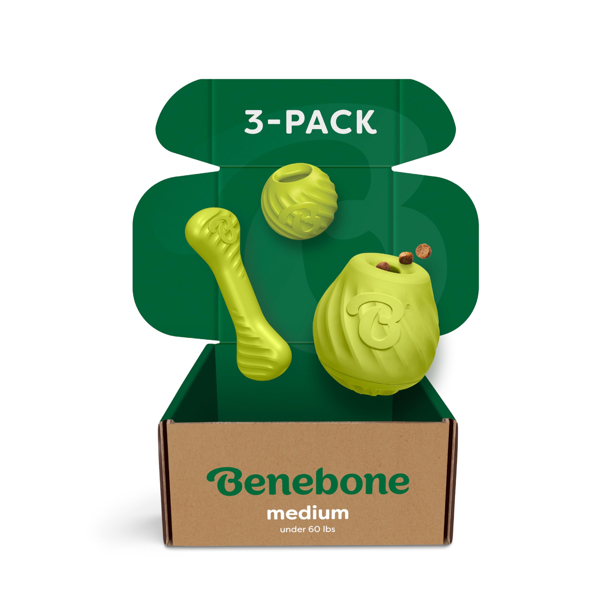 Benebone 3-Pack Ball/Bone Medium/Pawbler Rubber Pet Toys