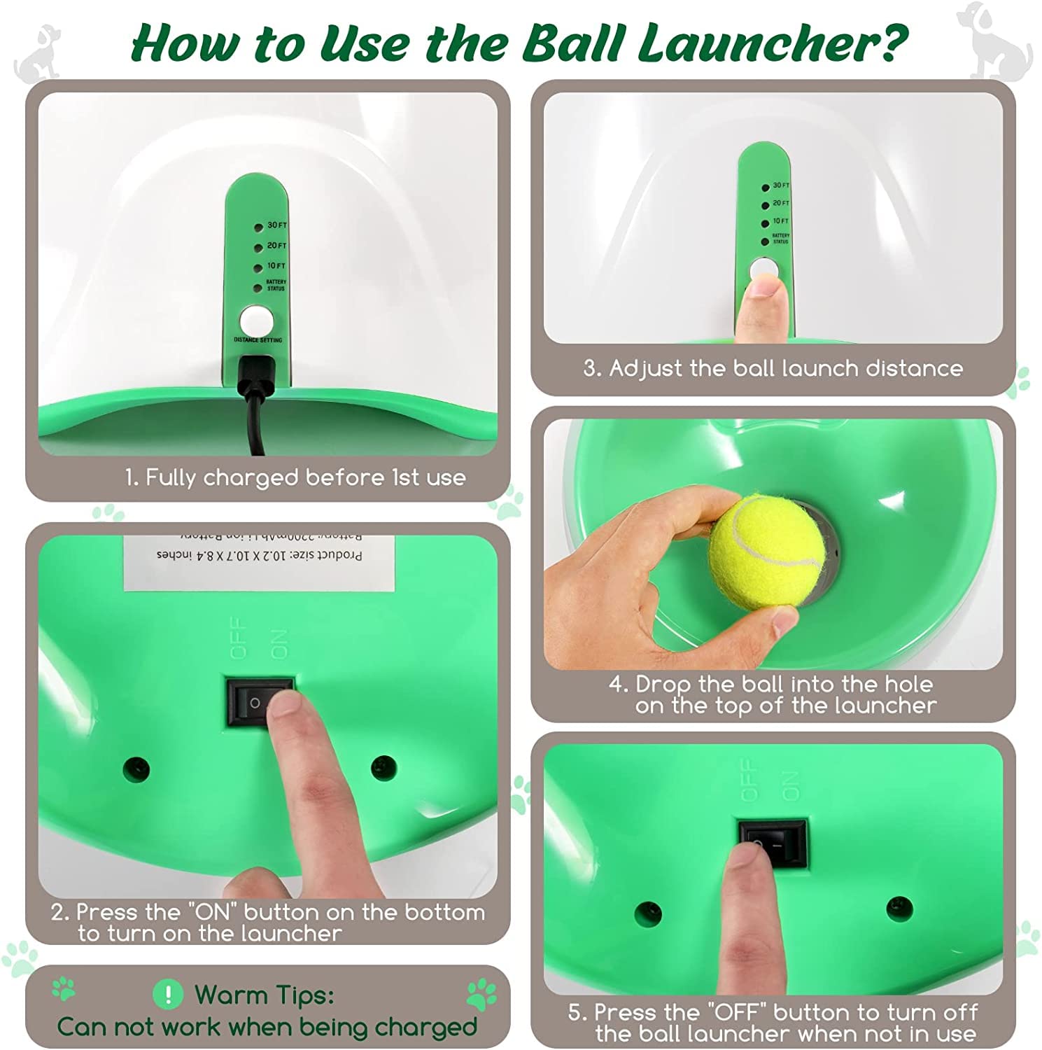 Soco Dog Ball Launcher Automatic,10-30 Ft Distance, Usb Rechargeable Ball Thrower, Led Indicator Dog Toy, Included 6 Mini Tennis